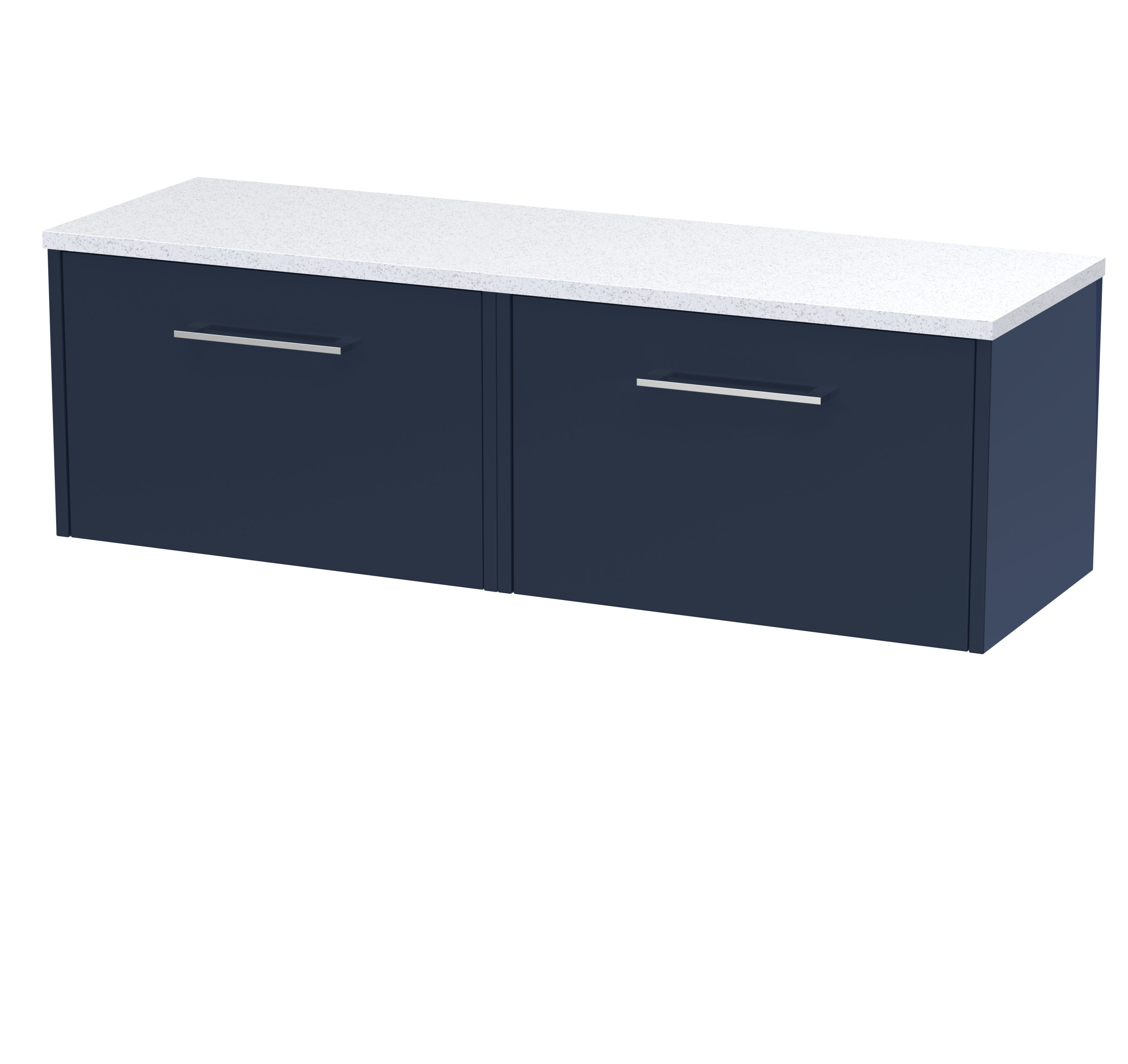 Modern navy bathroom cabinet with white speckled countertop, sleek silver handles, ideal for bathroom storage and decor.