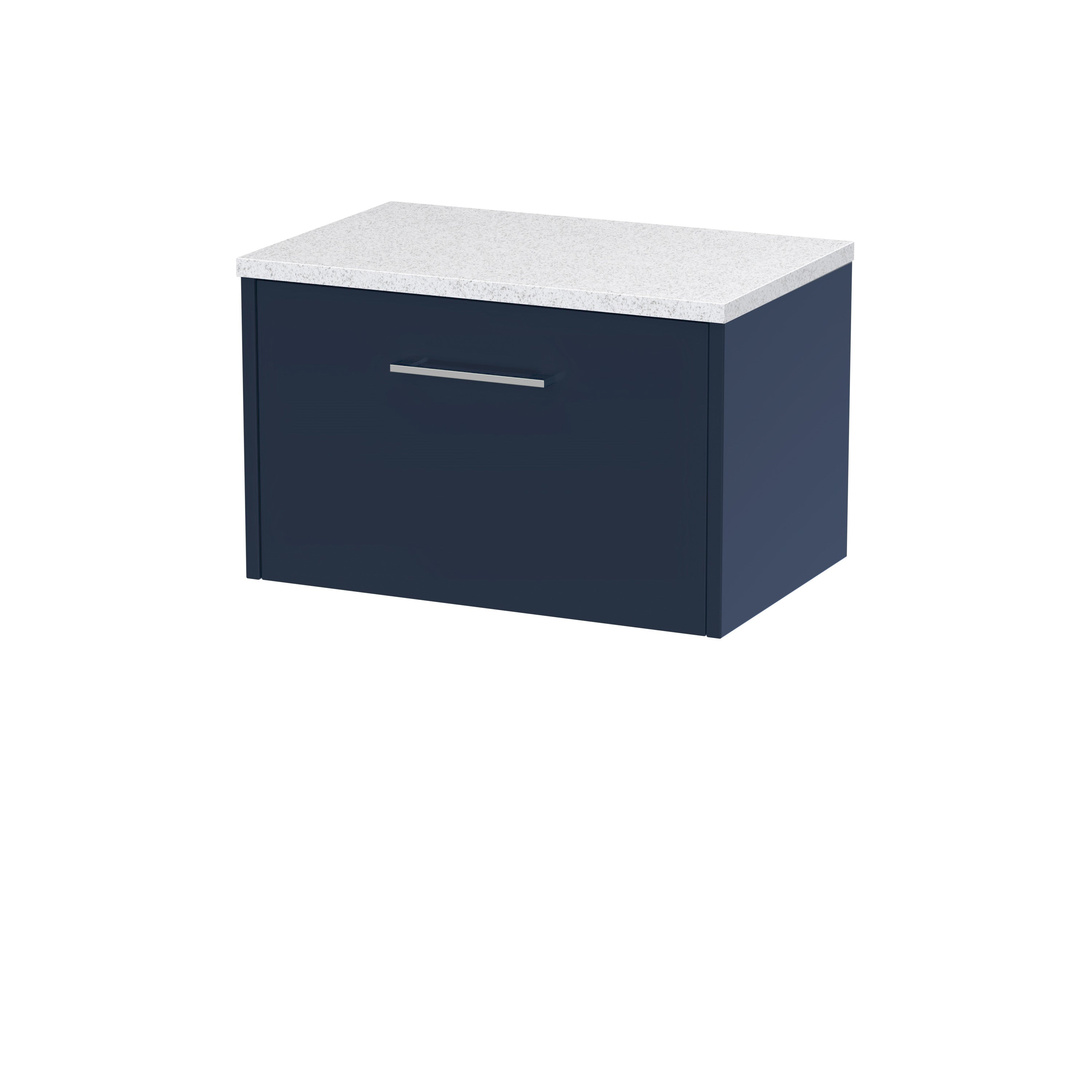 Modern navy bathroom vanity with white speckled countertop and sleek handle, ideal for contemporary bathroom storage solutions.