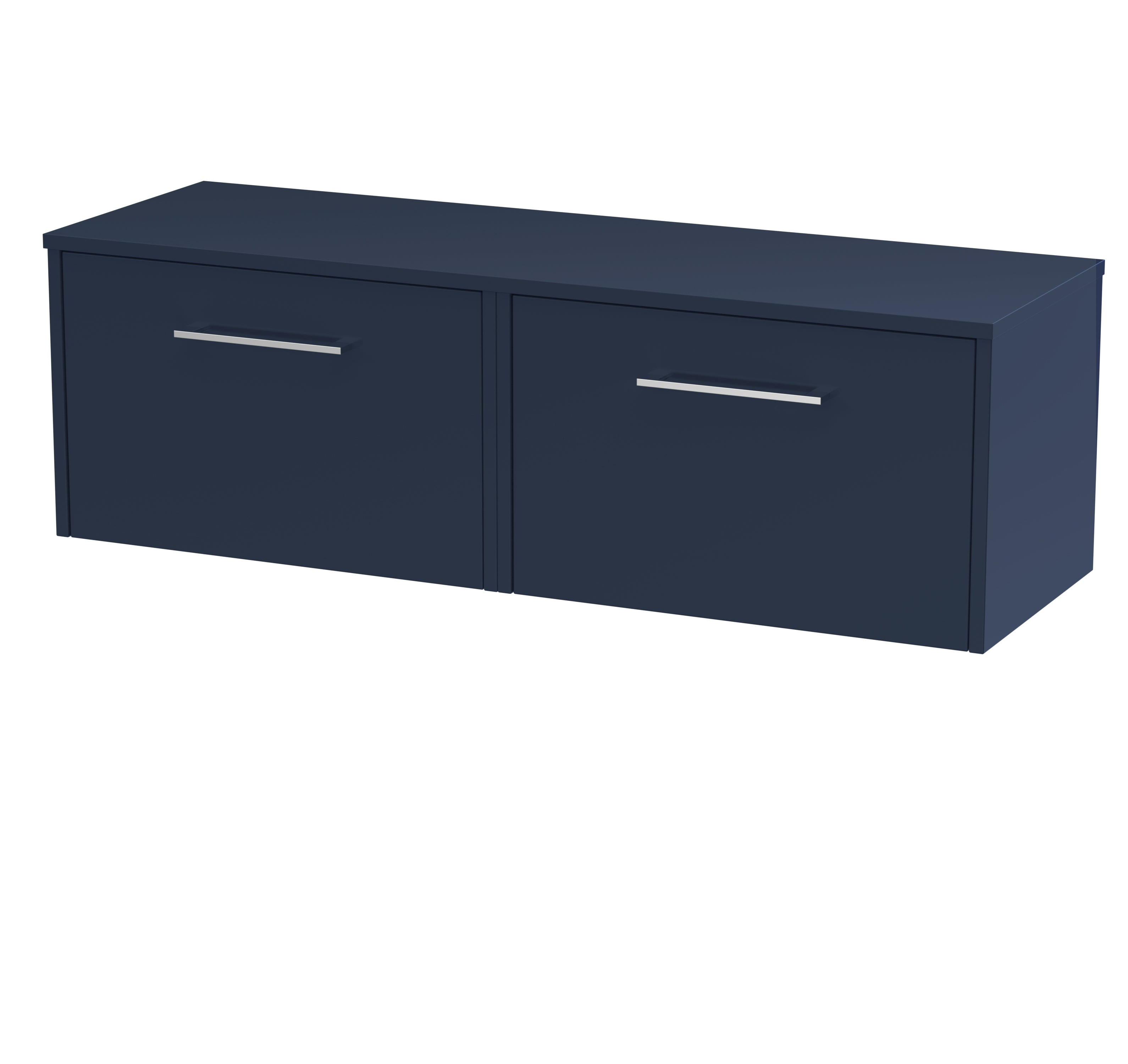 Contemporary navy blue bathroom vanity with sleek silver handles, ideal for modern bathroom storage and style.