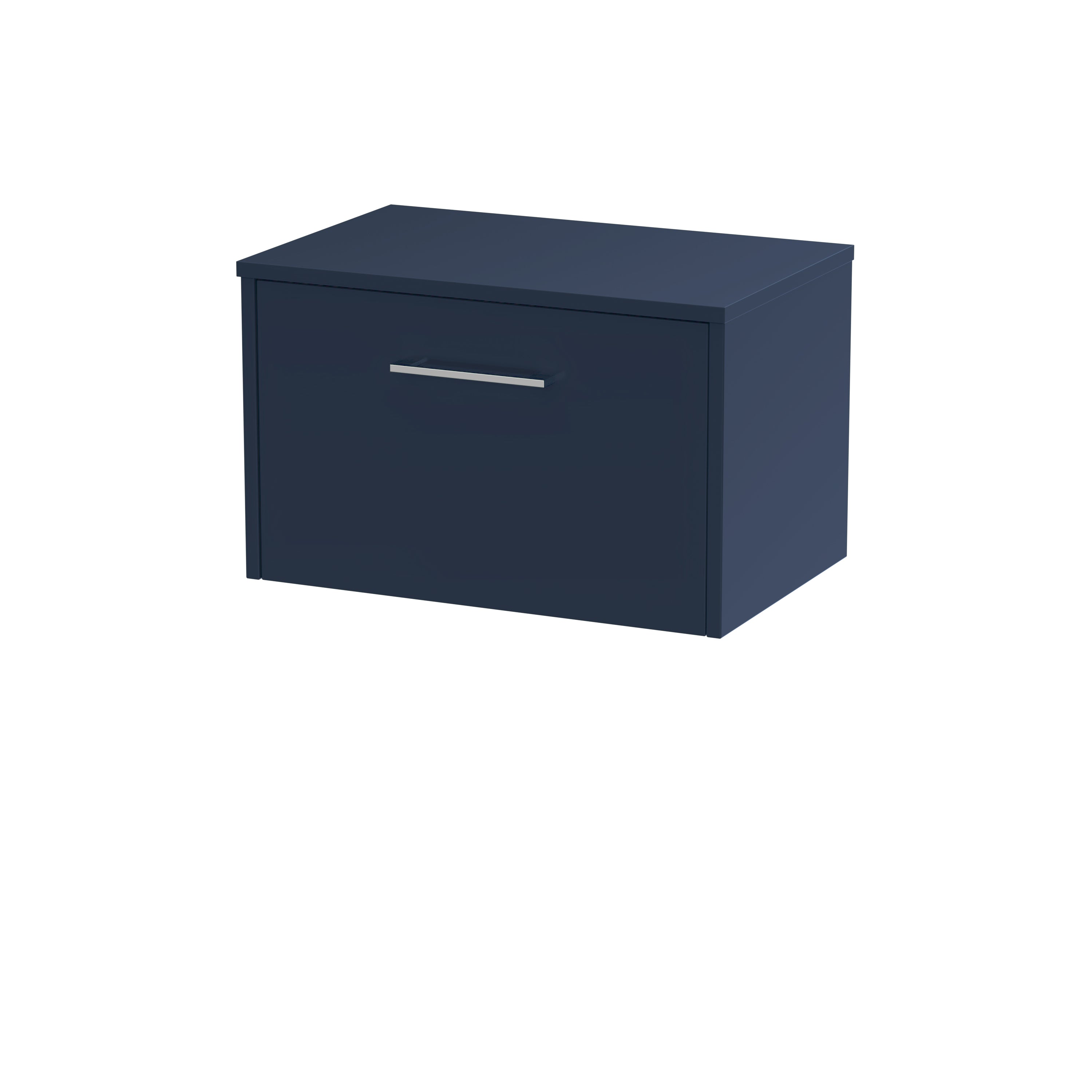 Modern navy bathroom storage cabinet with sleek handle, ideal for contemporary bathroom organisation and storage solutions.