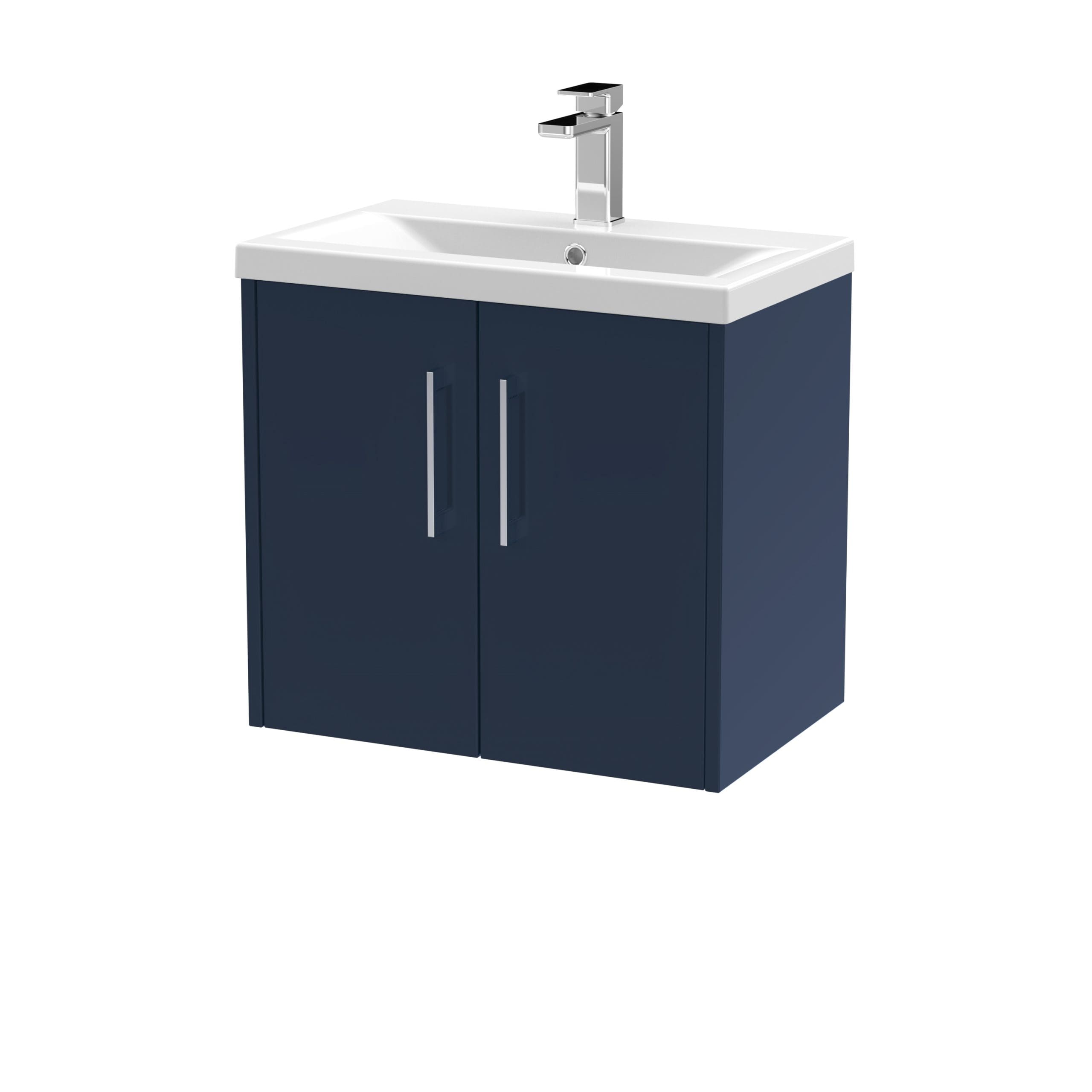 Modern bathroom vanity unit with a builtin ceramic sink and chrome mixer tap, finished in navy blue, ideal for contemporary bathroom and en-suite interior design.