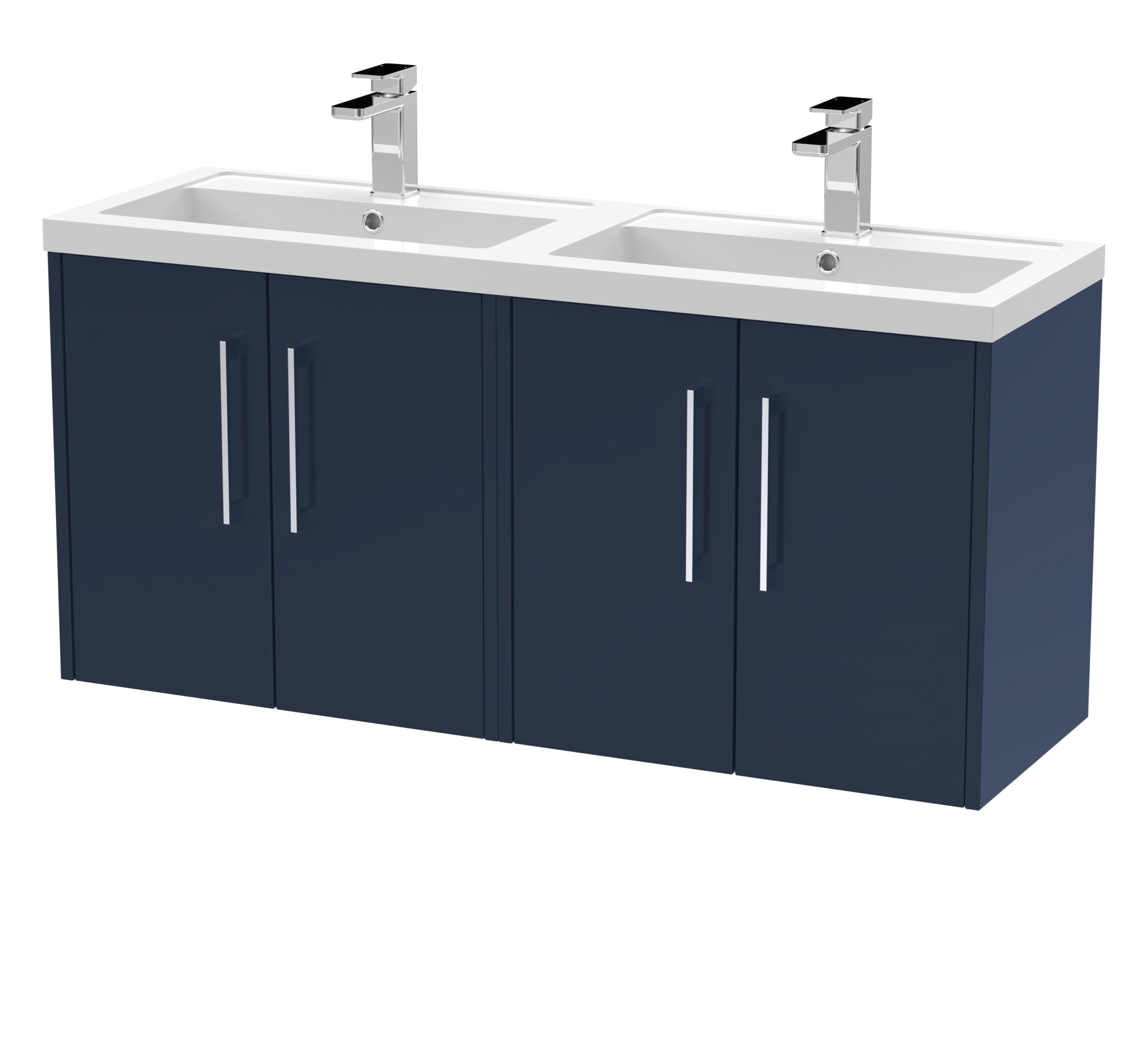 Modern double bathroom vanity unit with navy blue cabinets and white ceramic sinks, featuring sleek silver handles and stylish chrome taps. Ideal for contemporary bathroom interiors.