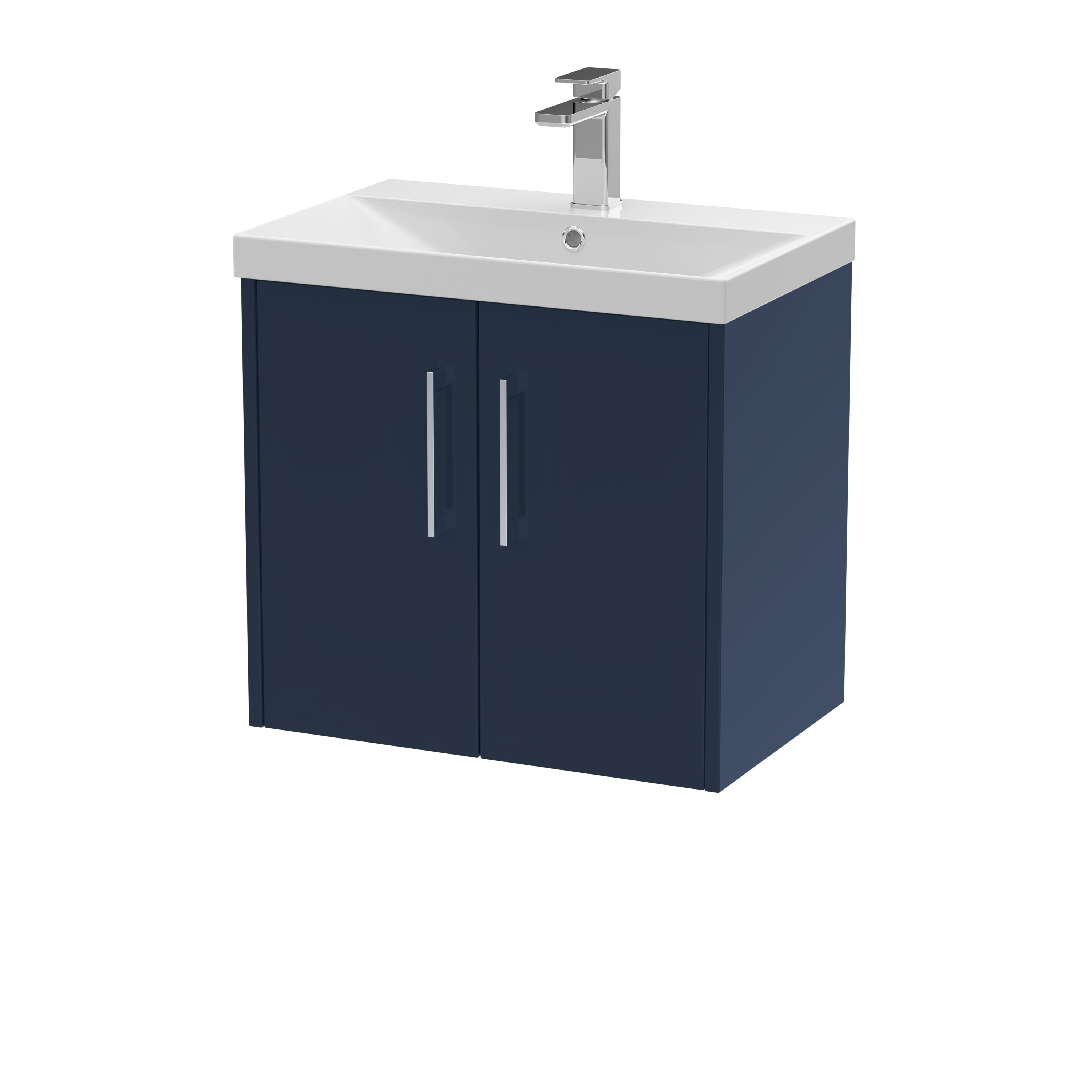 Modern navy bathroom vanity with white ceramic sink and chrome tap for stylish bathroom solutions.