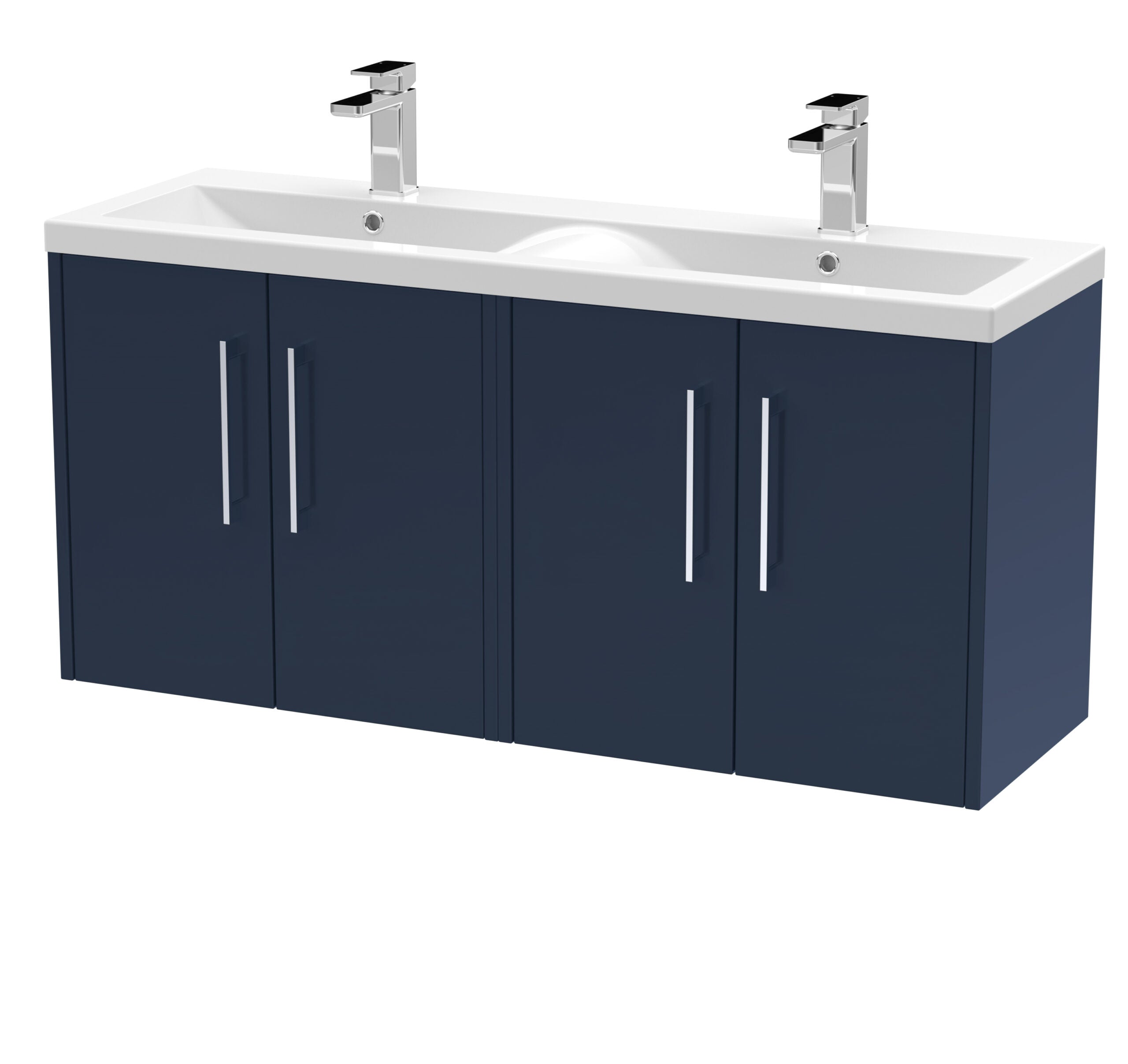 Sleek navy bathroom vanity unit with white double sink and modern chrome taps, perfect for contemporary bathroom designs on Bubly Bathrooms UK.