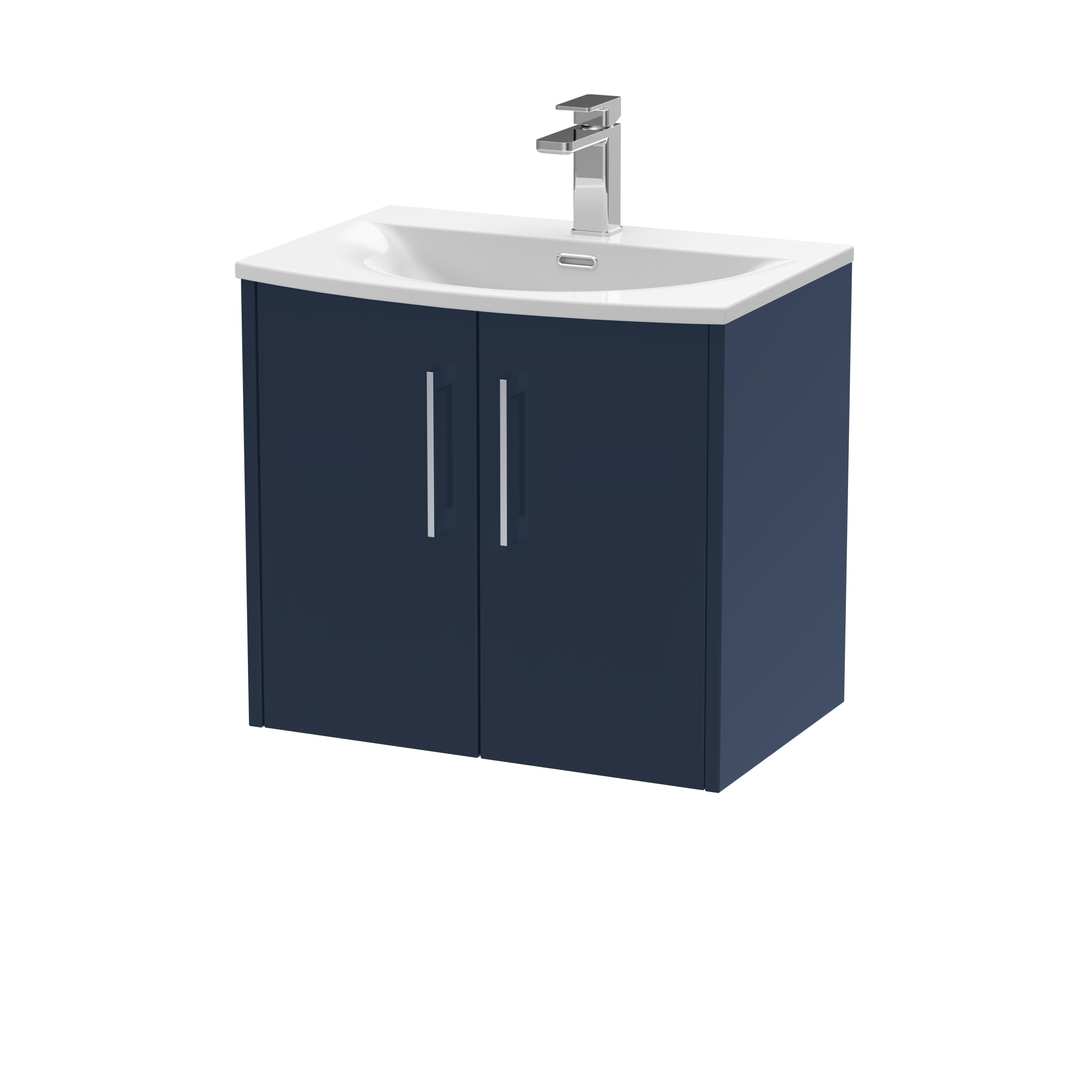 Modern navy bathroom vanity unit with white ceramic sink and chrome tap, ideal for bathroom storage and contemporary bathroom design.