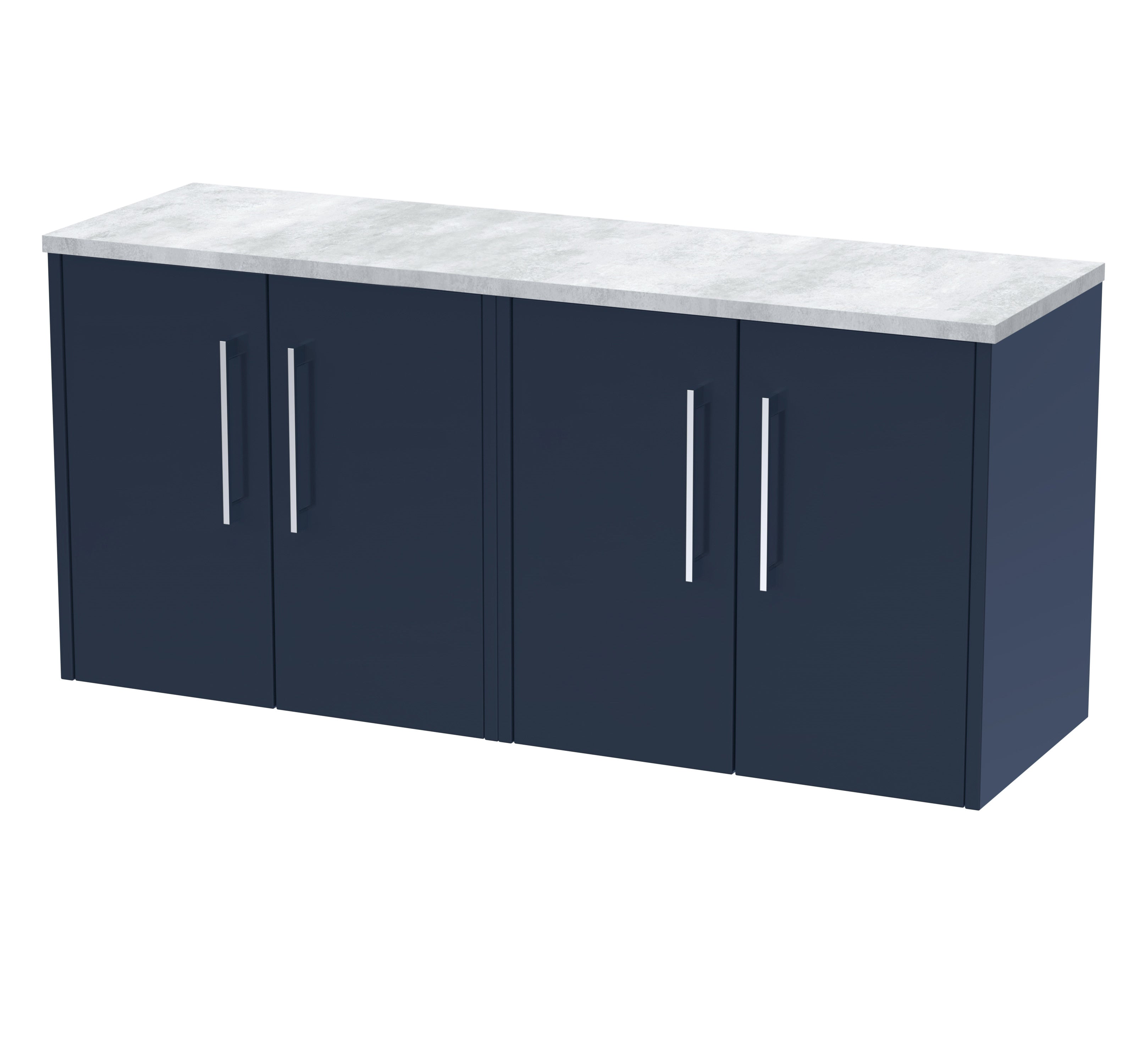 Contemporary navy bathroom cabinet with white marble top, perfect for modern bathrooms, featuring sleek silver handles and ample storage space. Ideal for stylish bathroom storage solutions.