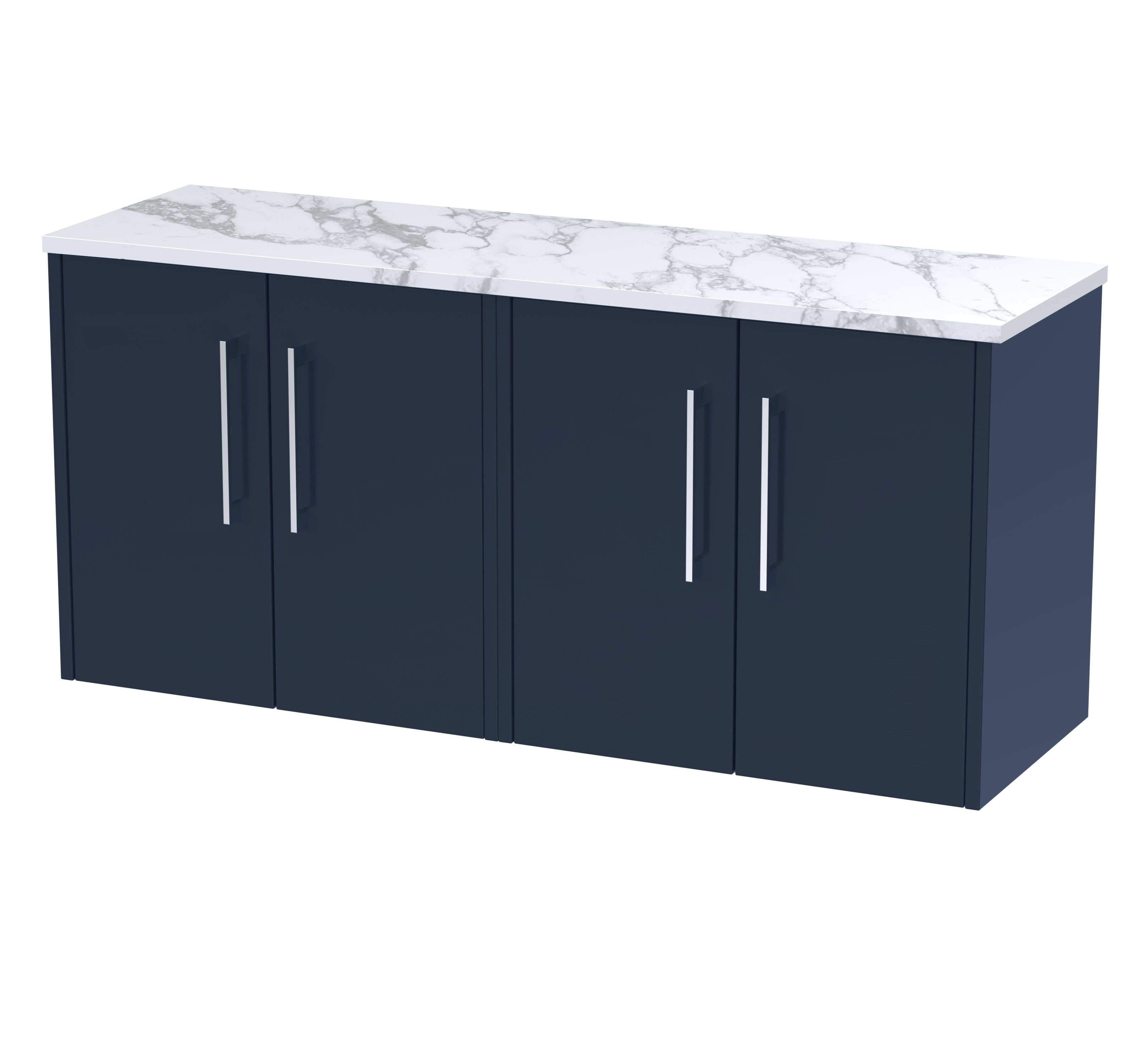 Polished navy bathroom vanity with marble top, modern storage cabinet for stylish bathroom organisation.