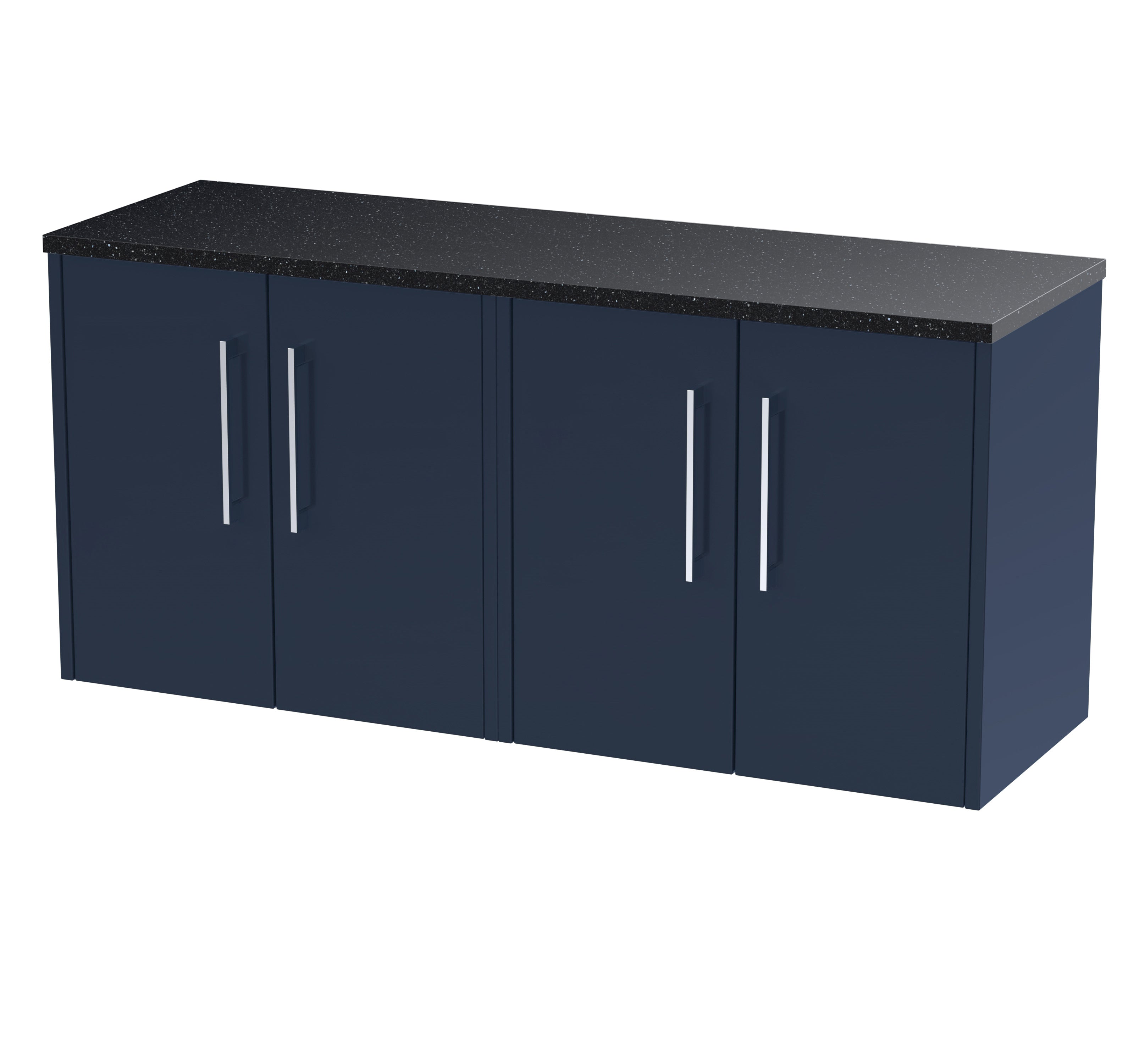 Sleek navy bathroom cabinet with black speckled countertop, ideal for contemporary bathroom storage solutions. Perfect for modern bathroom decor, combining style and practicality.