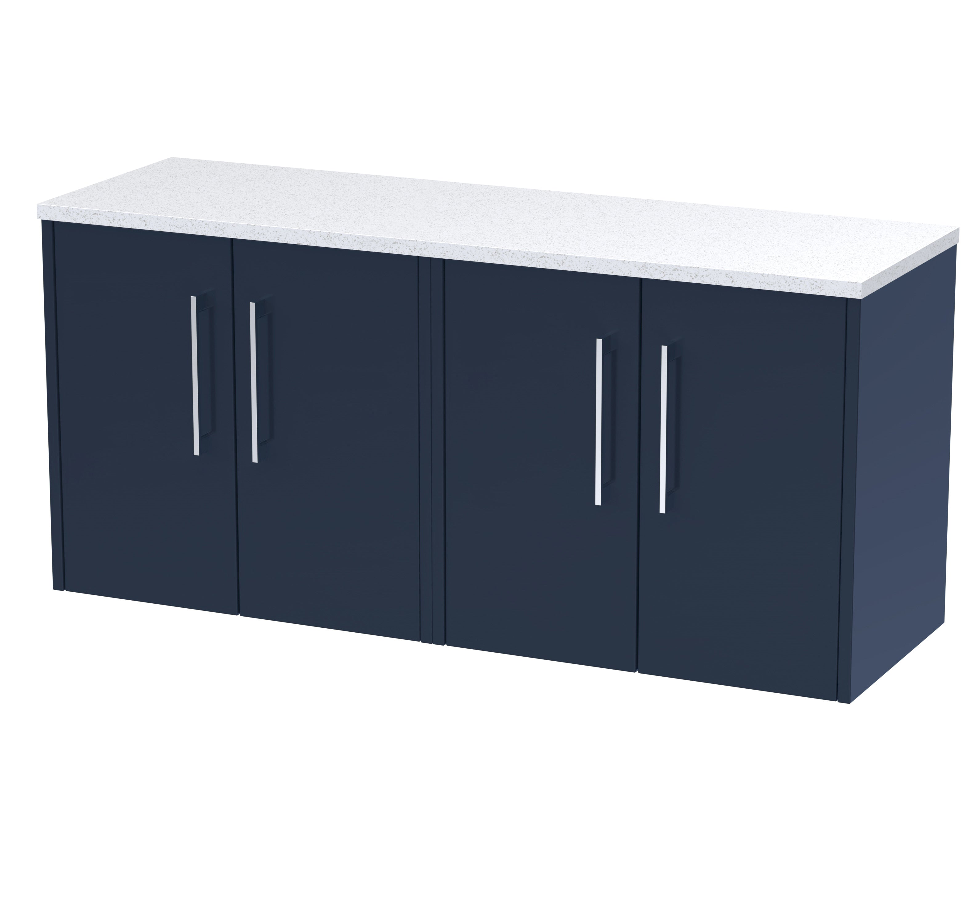 Modern navy bathroom cabinet with sleek silver handles and a white speckled countertop, ideal for bathroom storage and stylish renovation.