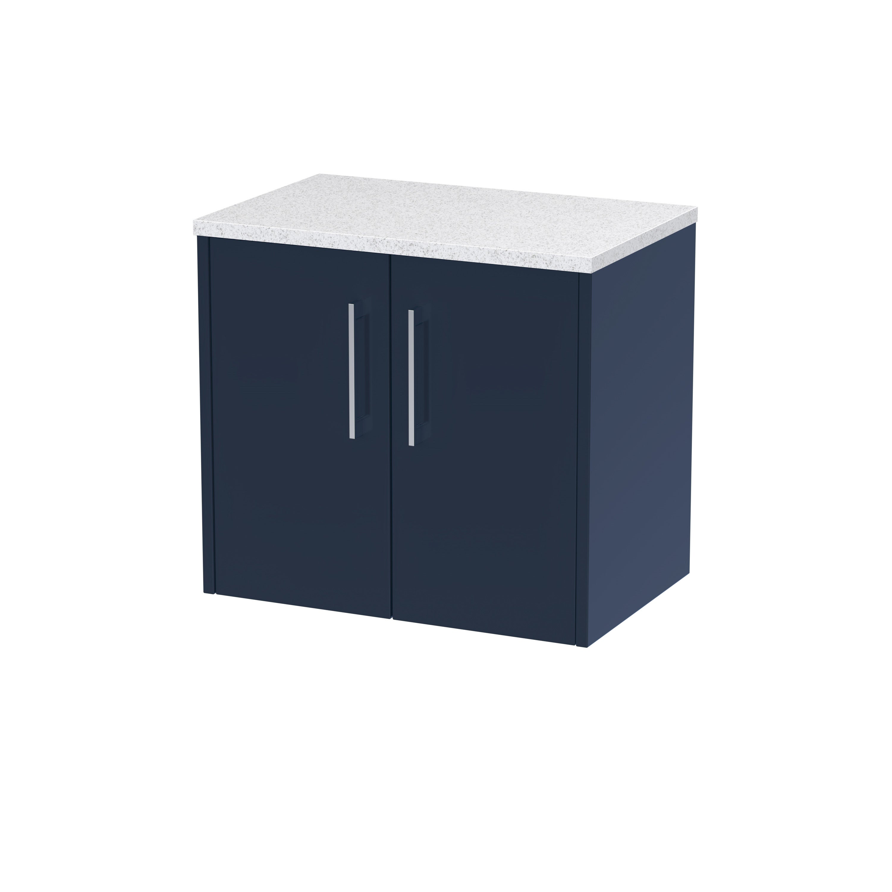 Modern navy blue bathroom cabinet with a white speckled countertop, ideal for bathroom storage and decor. Durable design with sleek handles for easy access. Perfect for contemporary bathrooms.