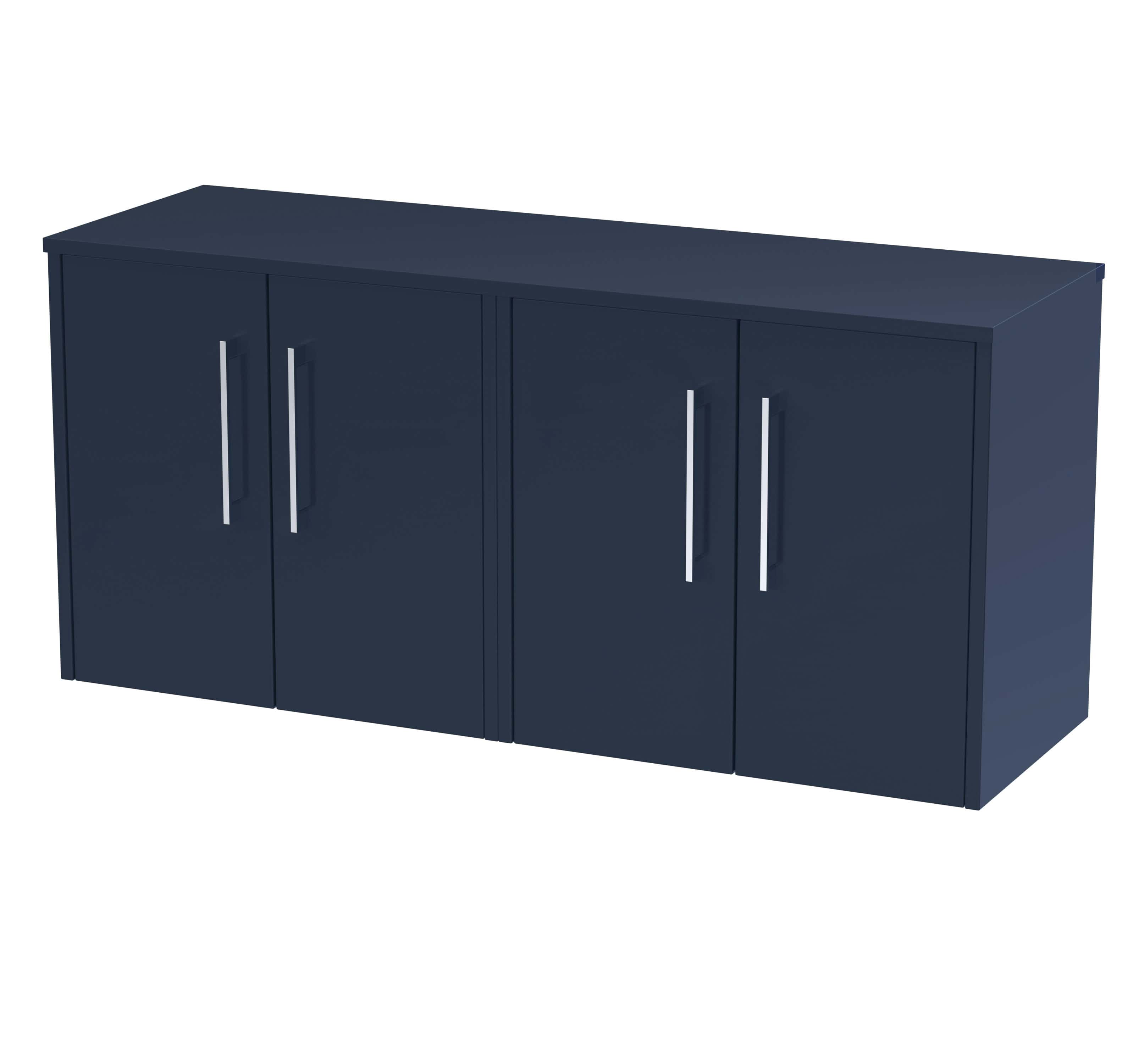 Stylish navy blue bathroom storage cabinet with modern silver handles, ideal for bathroom organisation and bathroom furniture, offers ample space for toiletries and accessories.