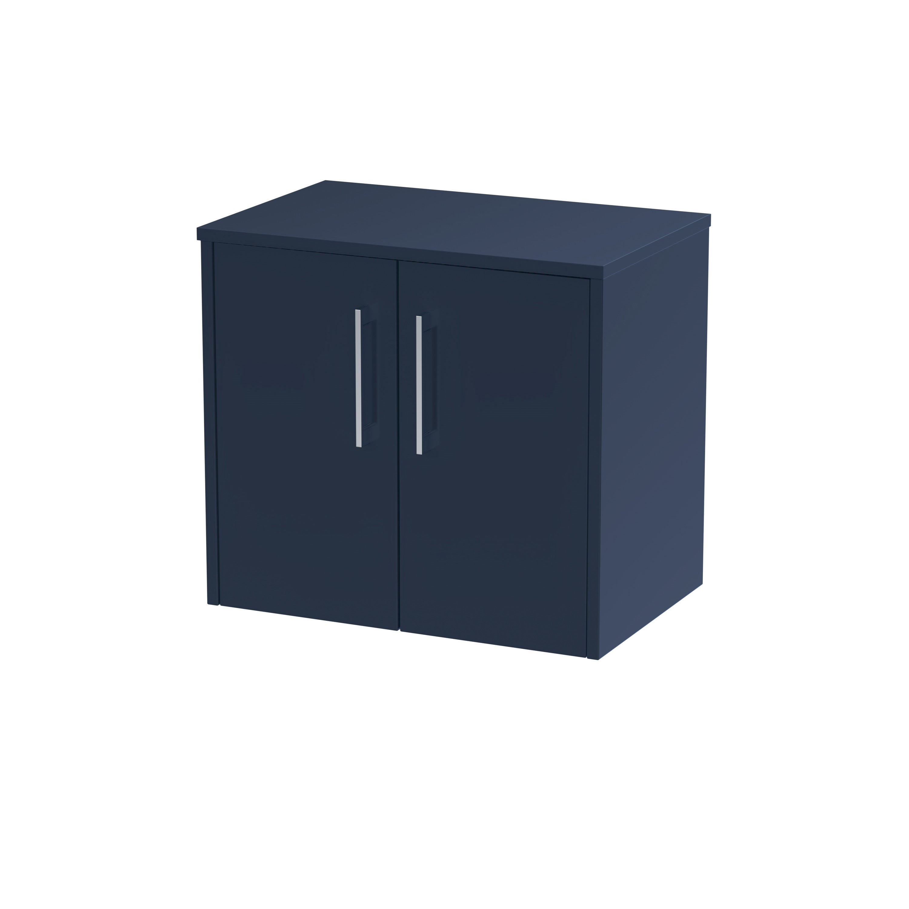 Modern navy blue bathroom storage cabinet with brushed silver handles, ideal for organising bathroom essentials and enhancing bathroom decor.