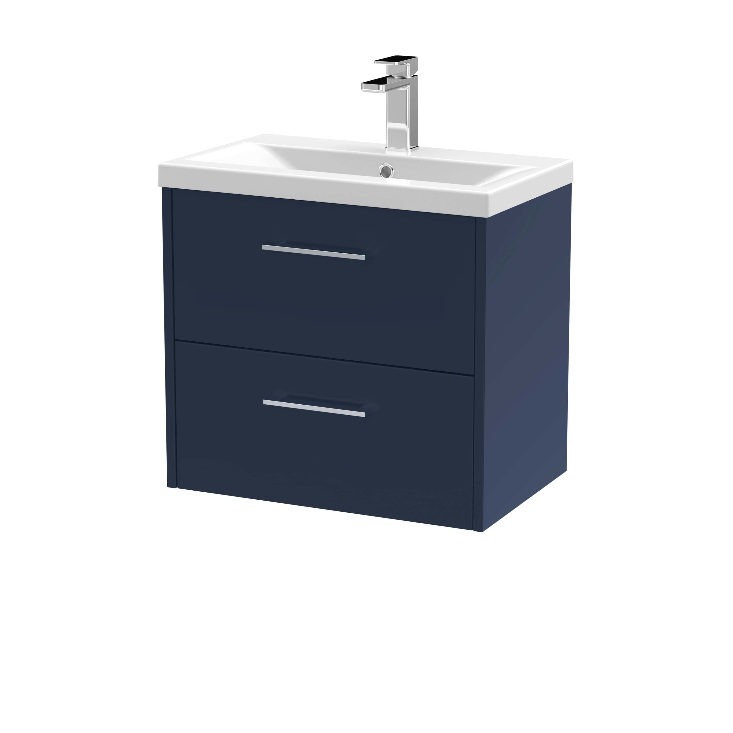 Modern navy bathroom vanity with integrated sink and chrome faucet, ideal for contemporary bathroom design and storage solutions.