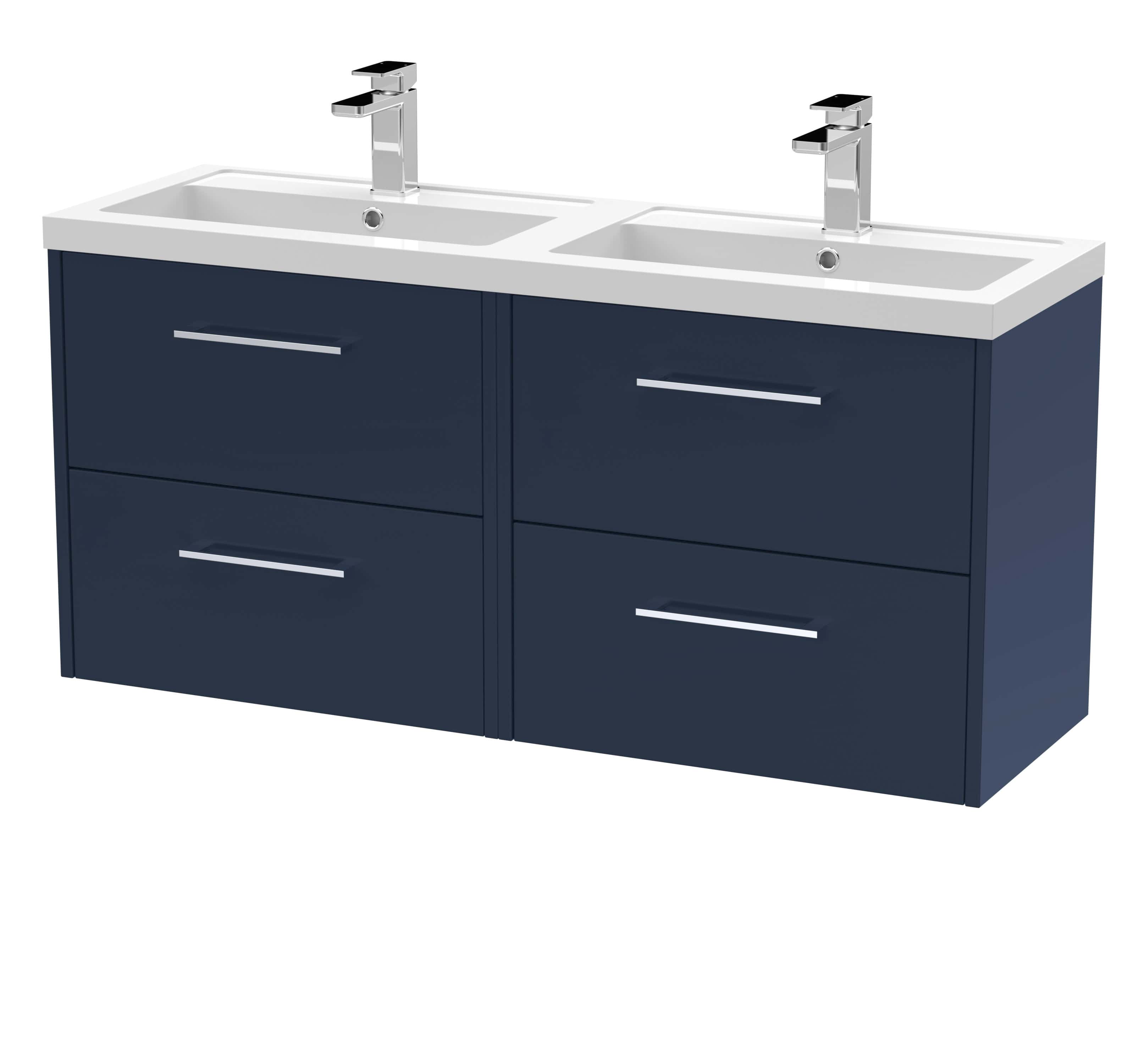 Contemporary double bathroom vanity with two sinks, modern chrome faucets, and navy blue drawers, ideal for stylish bathroom decor and optimal storage.