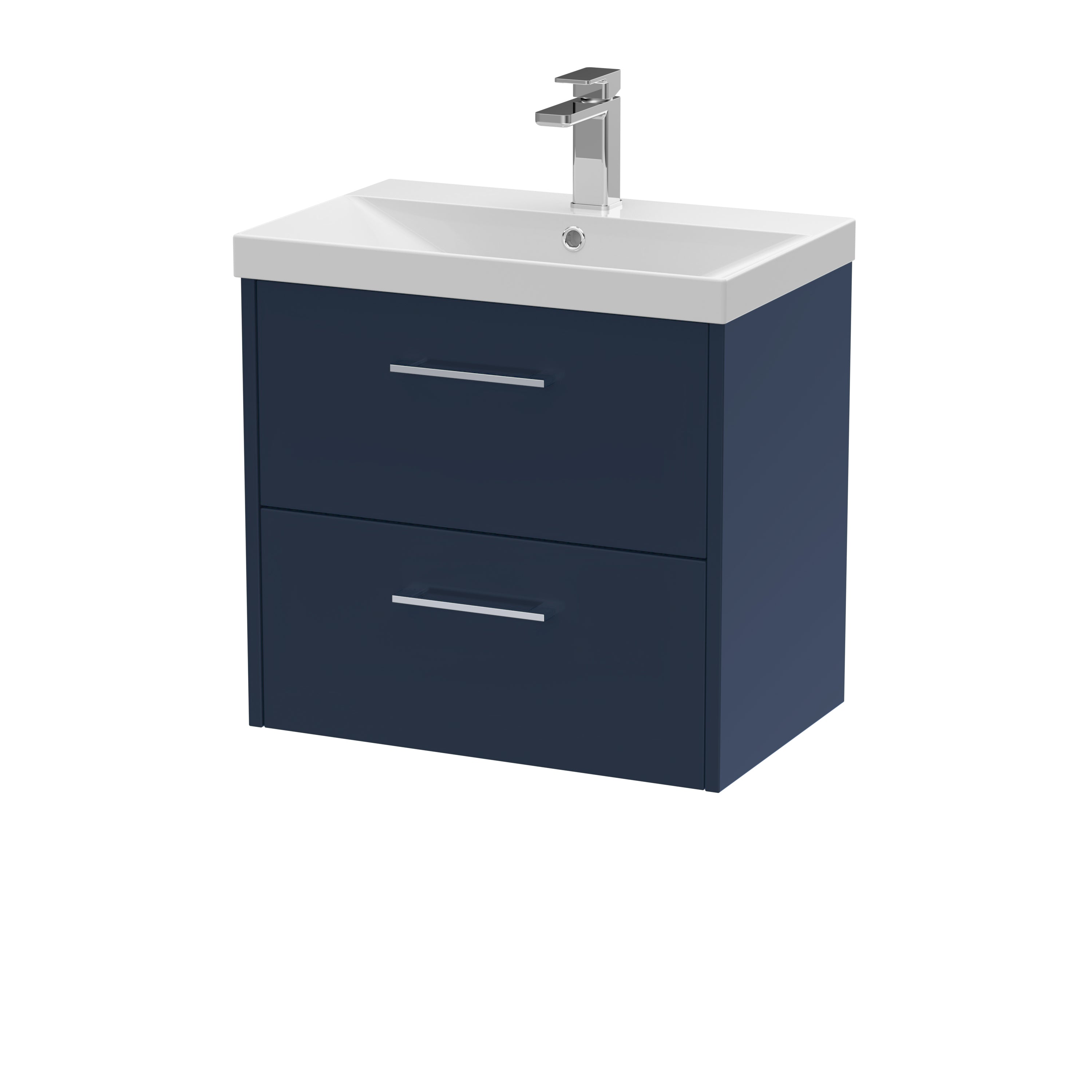 Modern blue bathroom vanity unit with integrated sink and chrome handle drawers, ideal for contemporary bathroom designs. Perfect space-saving solution with sleek finish.