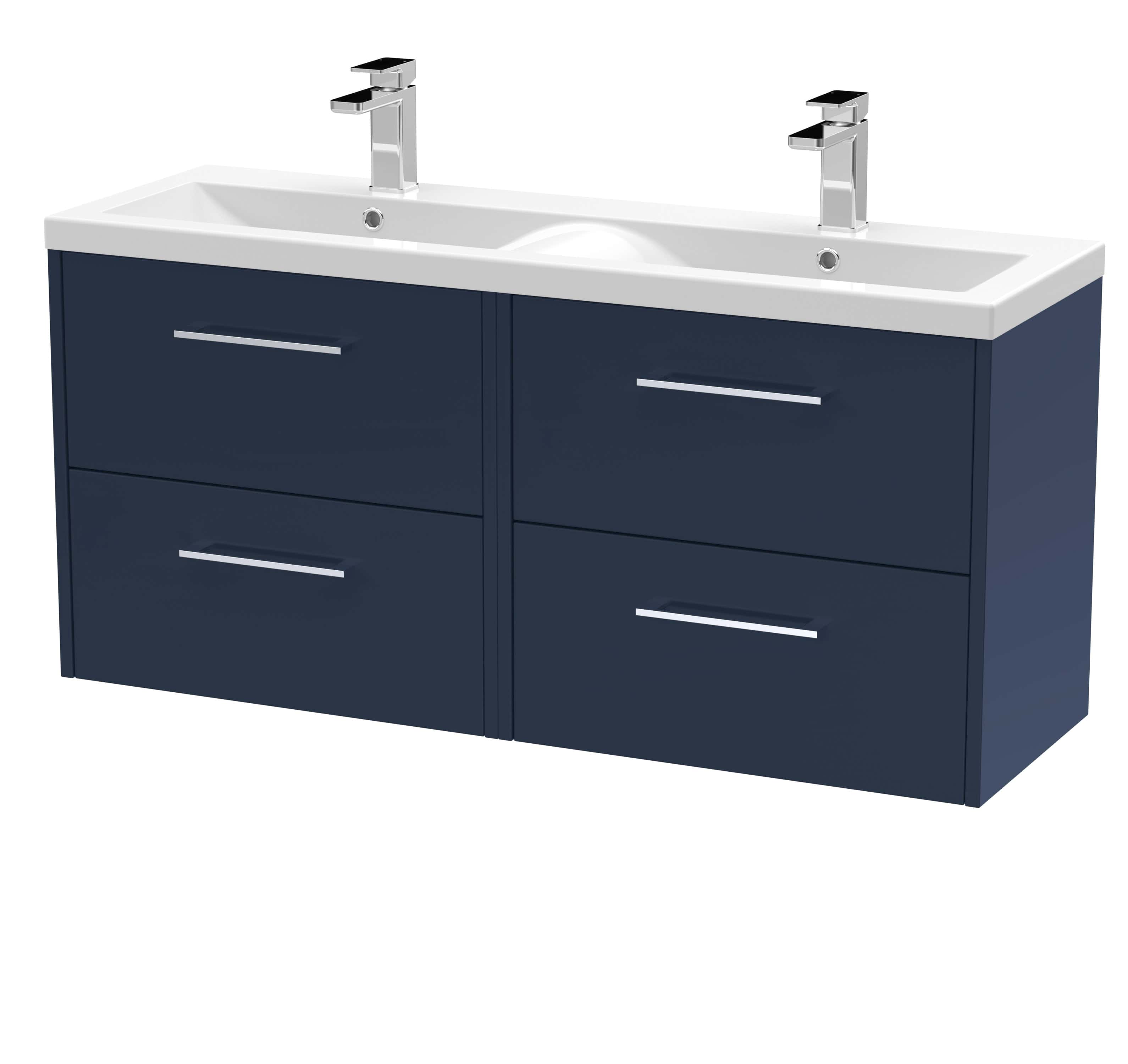 Modern double bathroom vanity unit with navy blue cabinets and white countertop, featuring two sleek taps and ample storage drawers for stylish bathroom organisation.