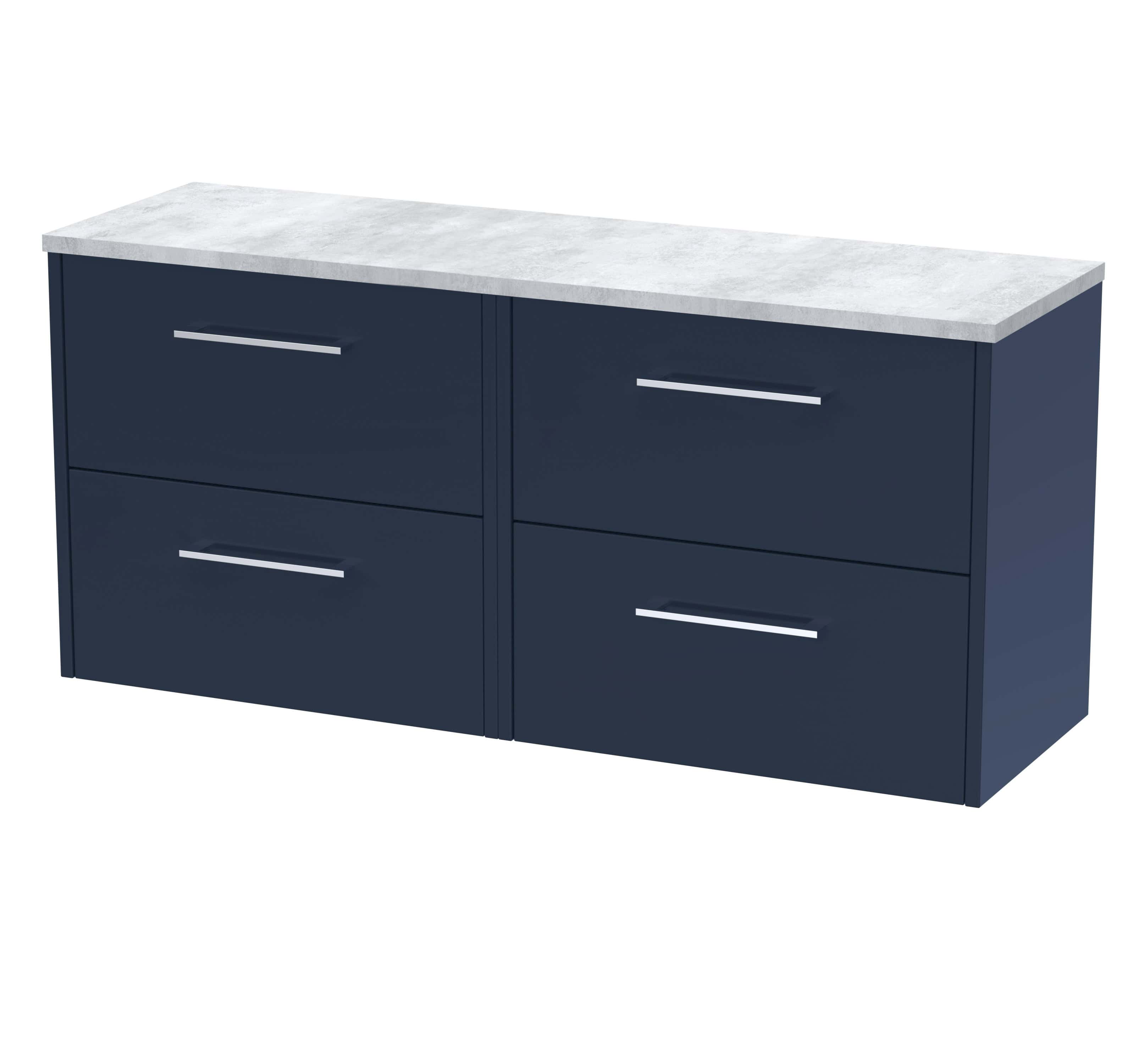 Stylish navy blue bathroom vanity unit with a marble top, featuring four spacious drawers for storage and modern silver handles, ideal for contemporary bathrooms.