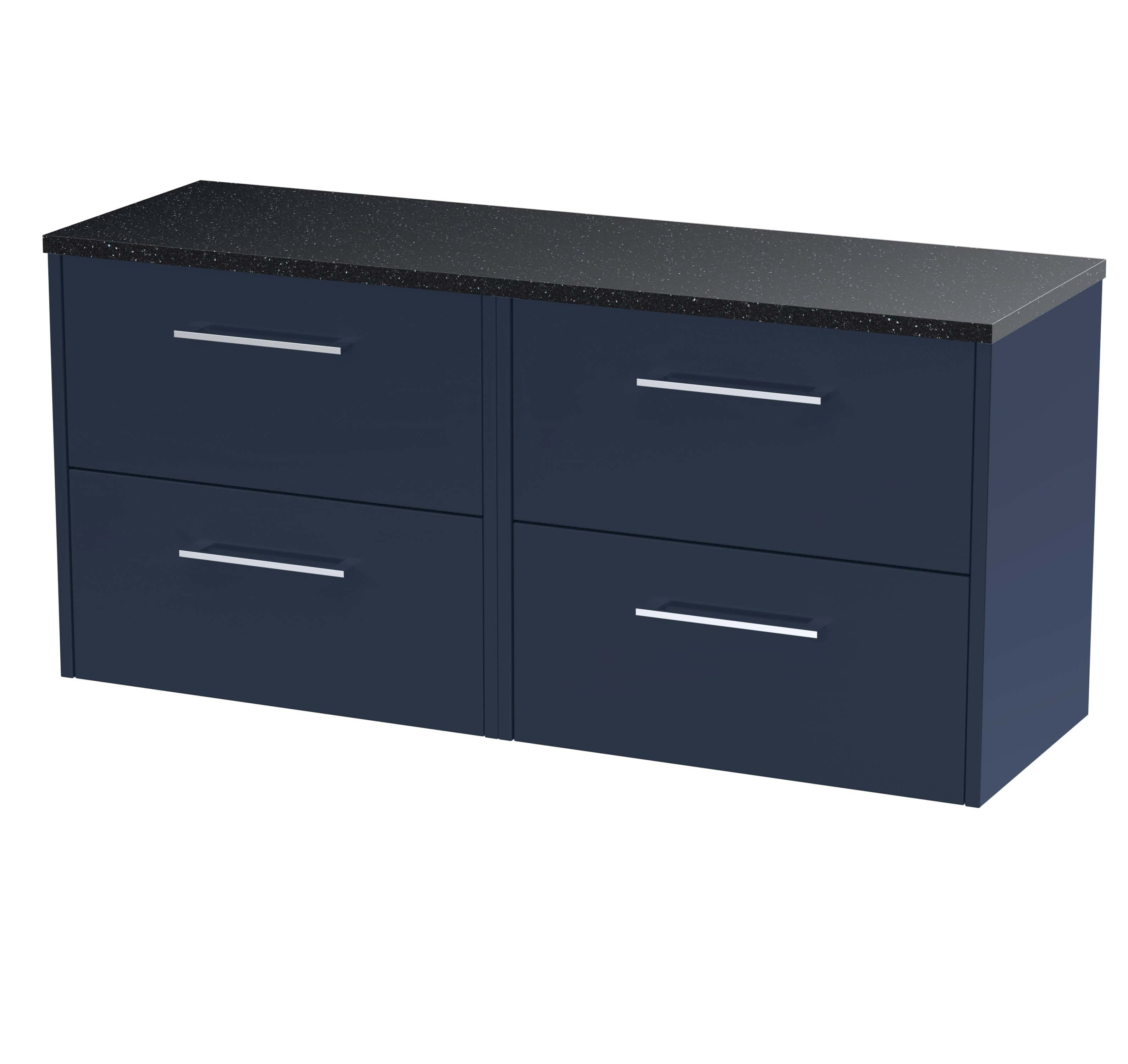 Sleek navy blue bathroom vanity with four spacious drawers, modern silver handles, and a black speckled countertop, perfect for contemporary bathroom storage solutions.