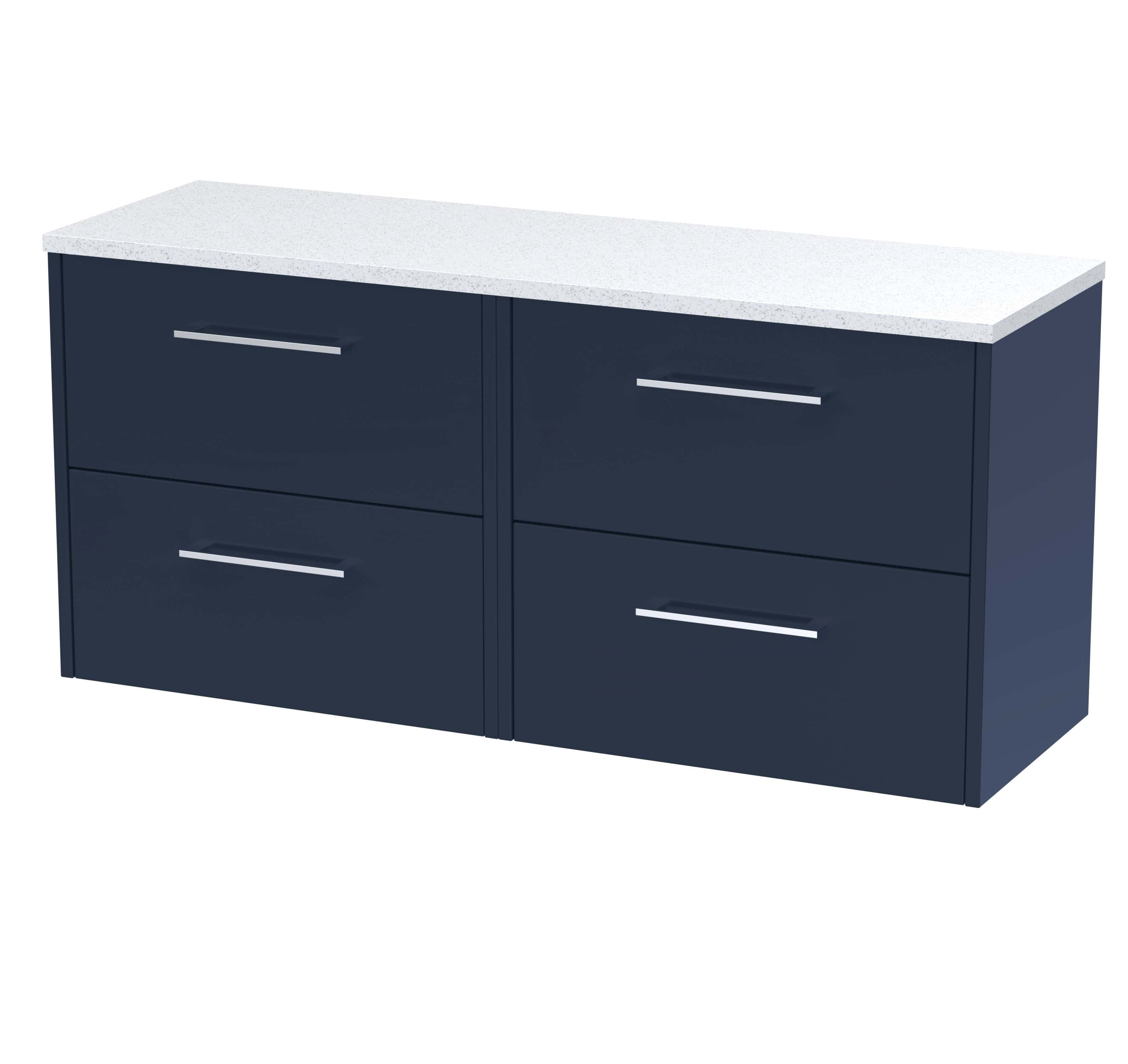 Modern navy blue bathroom vanity unit with four drawers and white countertop for stylish bathroom storage.