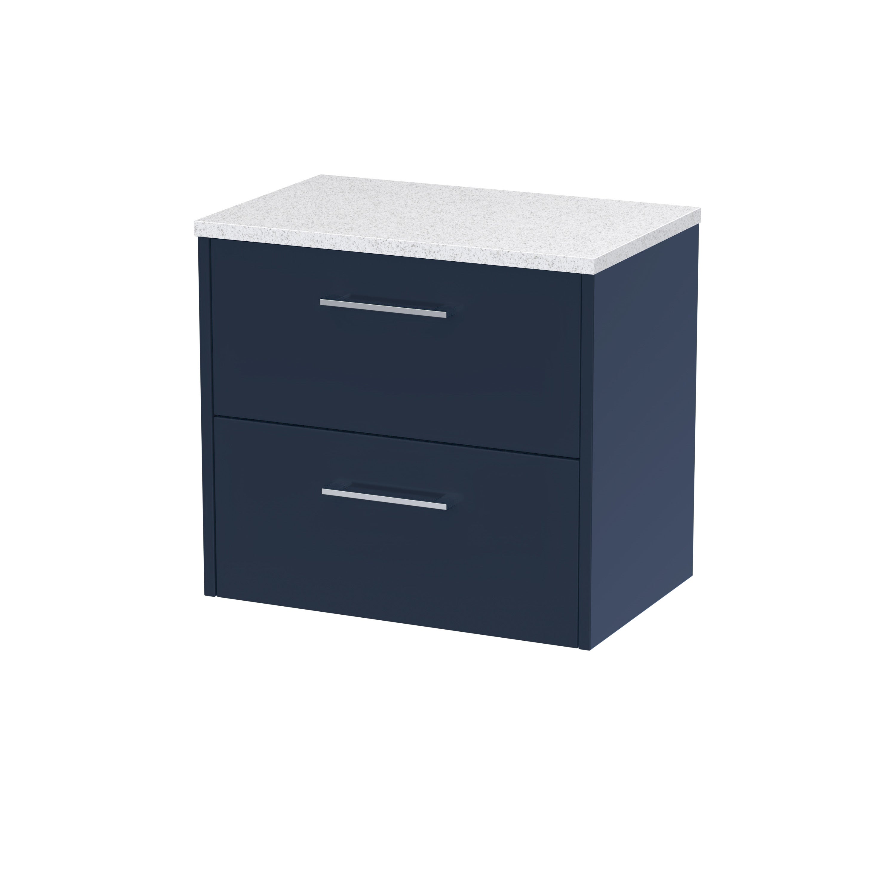 Modern navy blue bathroom vanity with a white speckled countertop, featuring two drawers with sleek silver handles, perfect for contemporary bathroom storage and organisation.