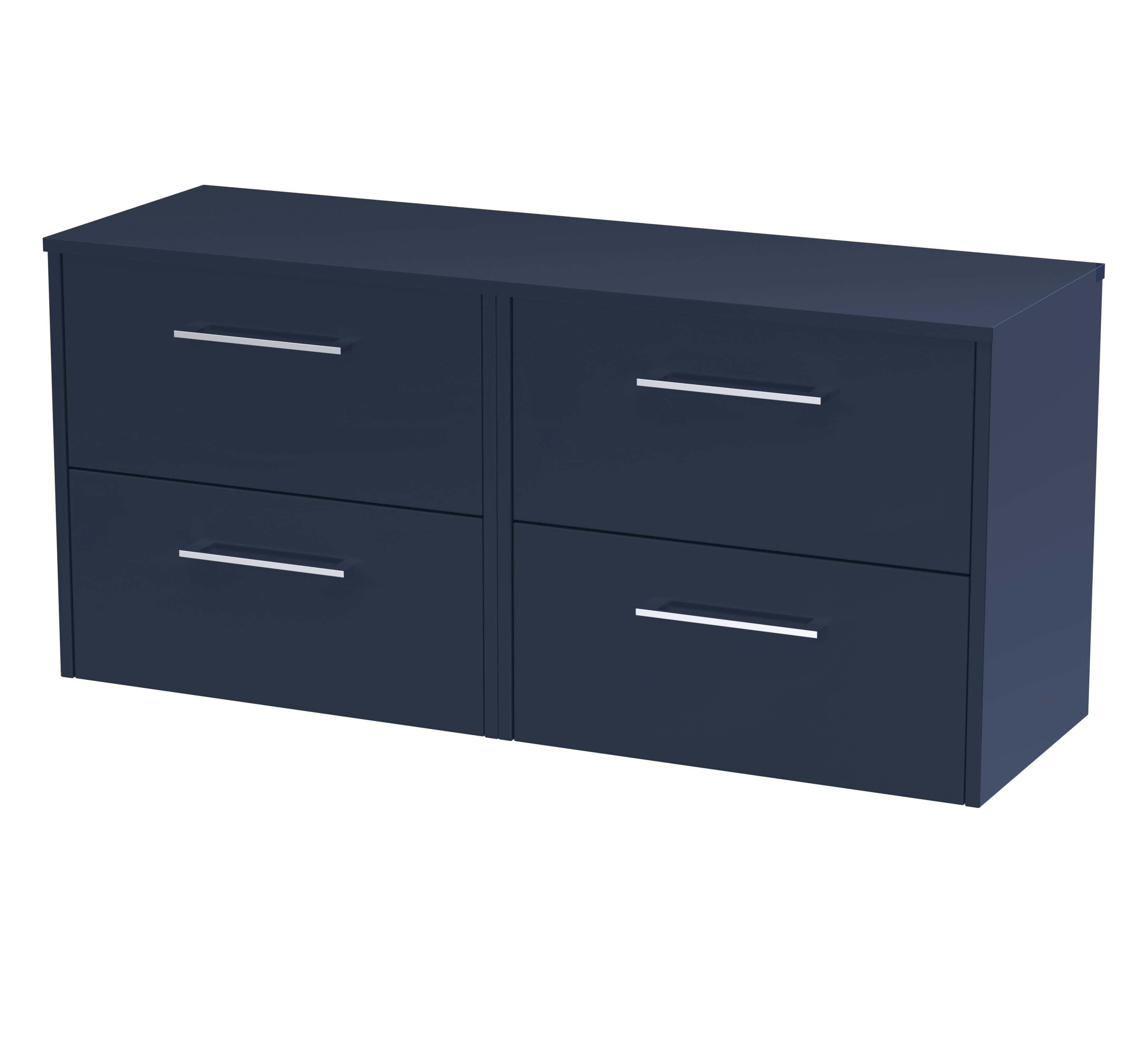 Sleek navy blue bathroom storage unit with four drawers and modern silver handles, ideal for organising bathrooms in contemporary design schemes.