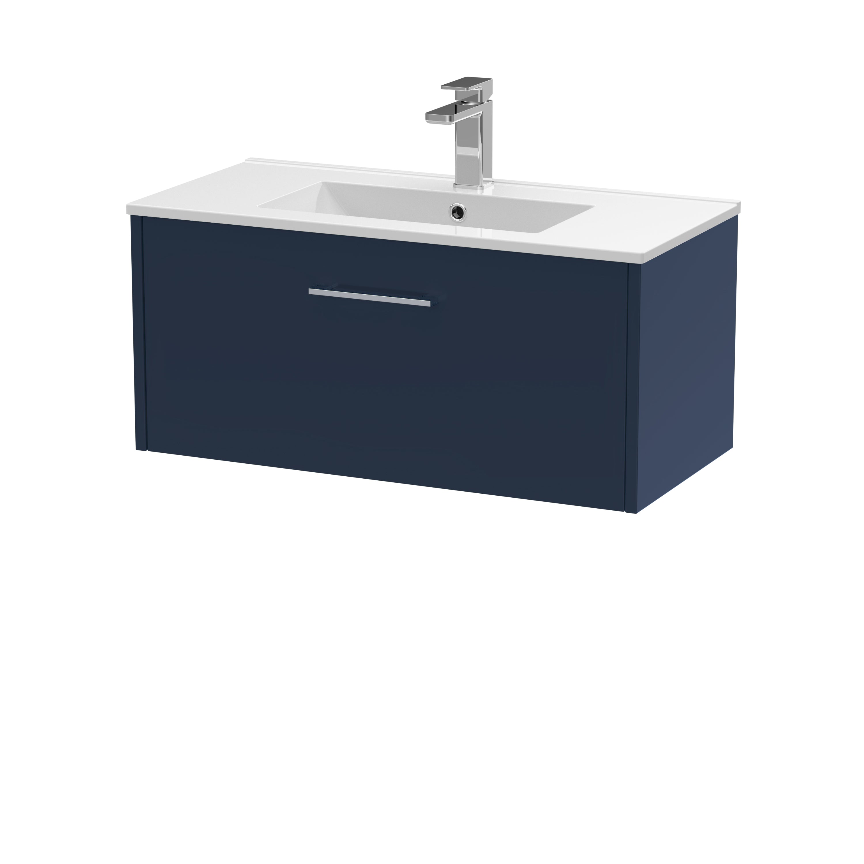Sleek navy bathroom vanity unit with a white countertop and integrated sink, featuring a modern chrome tap and a handle for convenient access, ideal for contemporary bathroom designs.