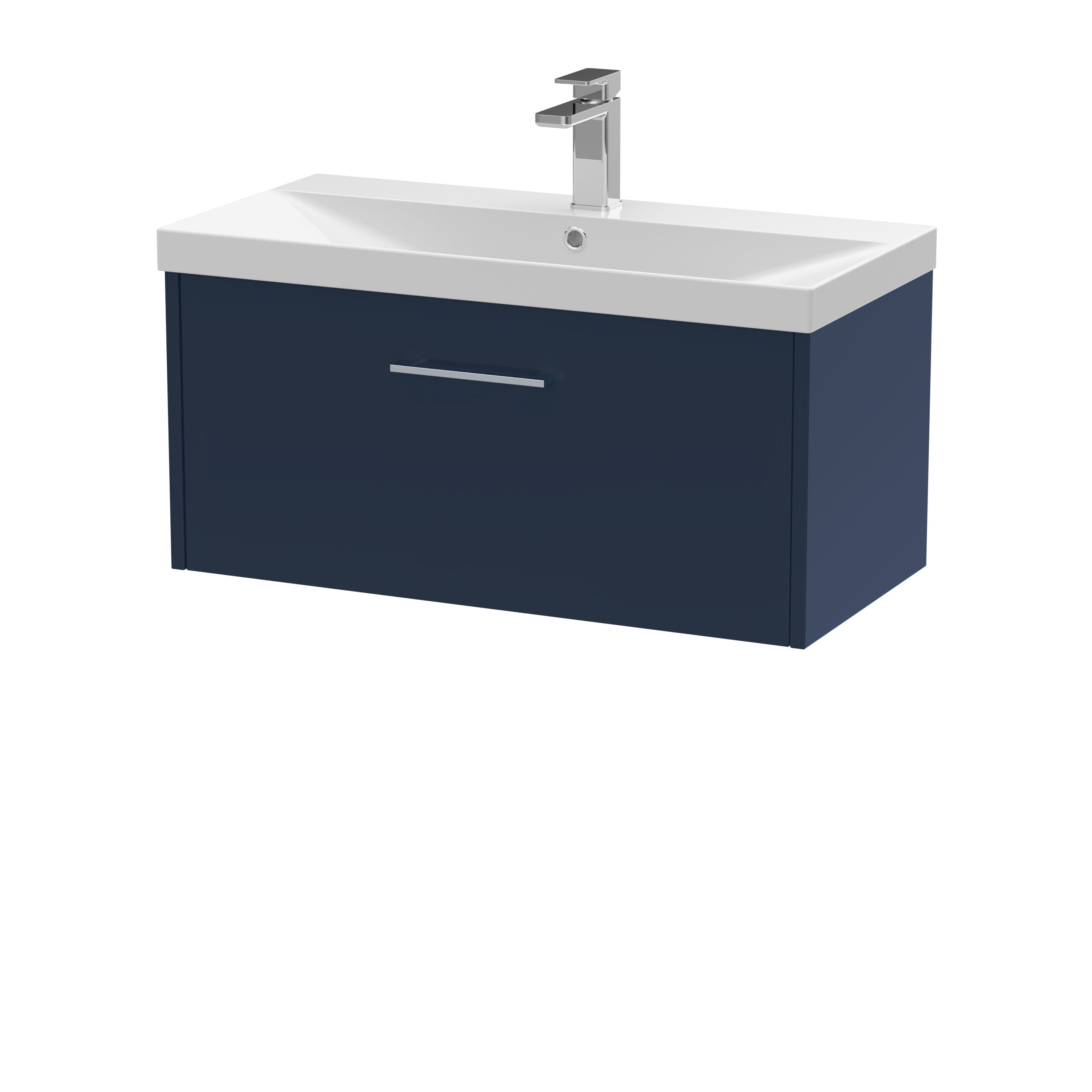 Modern bathroom vanity unit with integrated sink and chrome tap, featuring sleek navy blue cabinetry for contemporary bathroom decor.