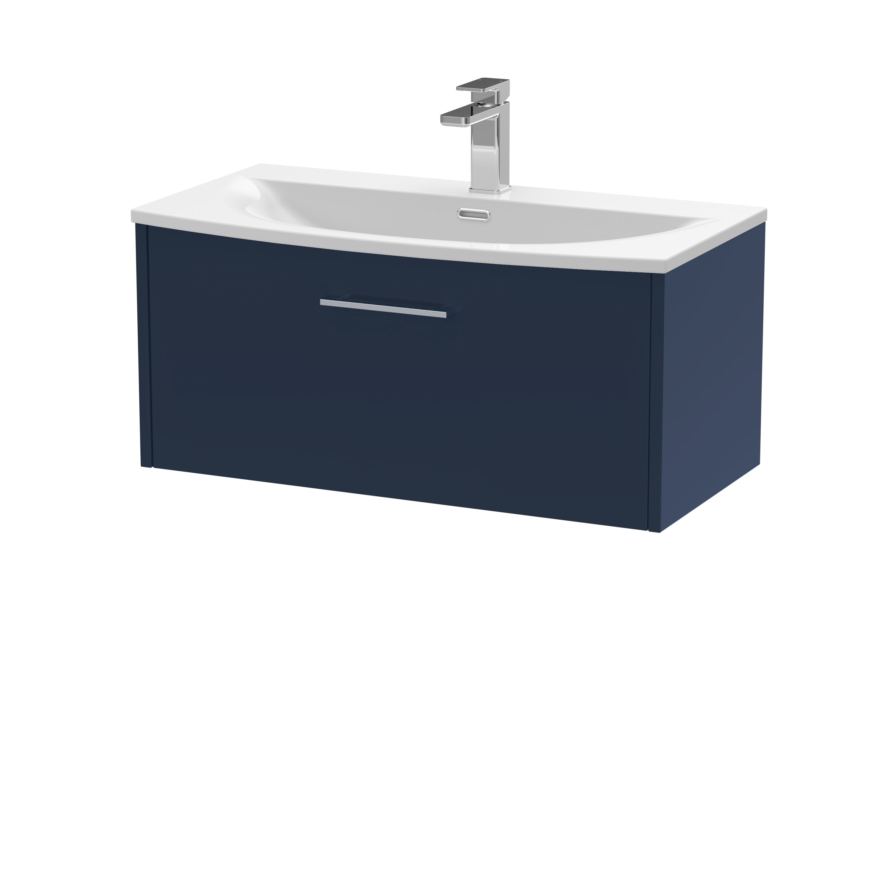 Modern bathroom vanity unit with sleek navy blue finish and integrated white ceramic sink with chrome tap for contemporary bathroom design.