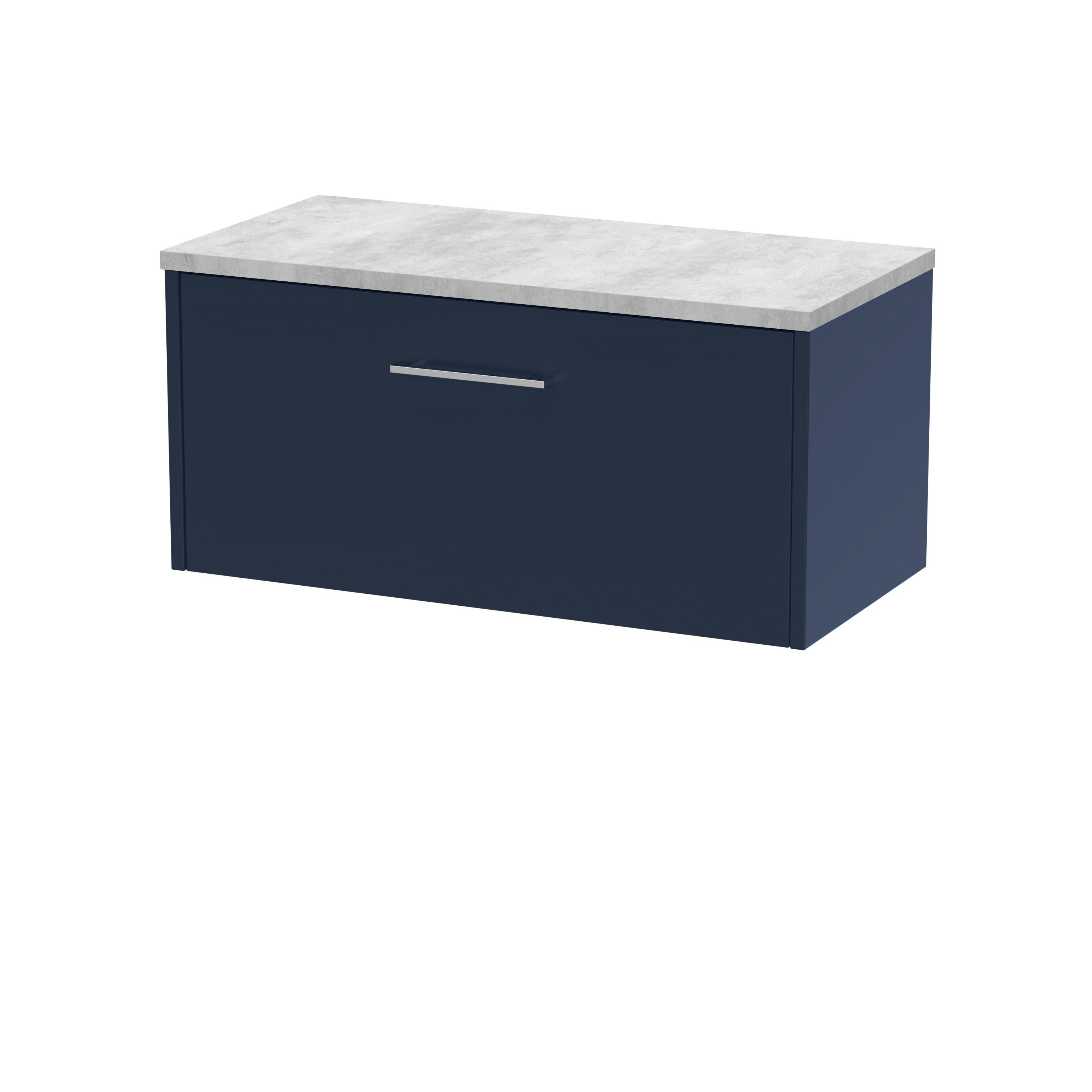 Modern navy bathroom vanity unit with a marble-effect countertop, sleek silver handle, ideal for contemporary bathroom storage solutions.