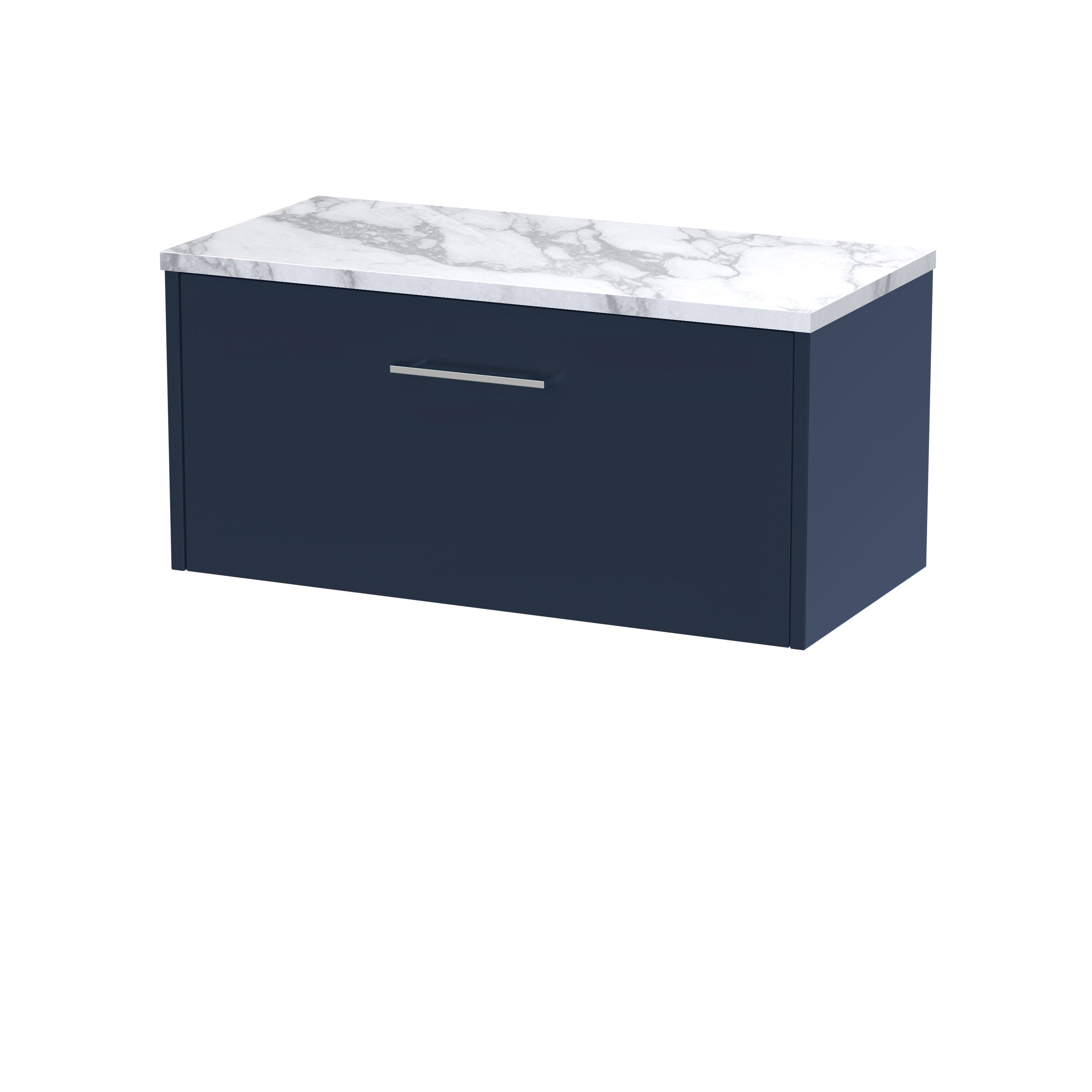 Modern navy bathroom vanity with a stylish white marble top and a sleek silver handle. Perfect for contemporary bathroom designs, combining functionality with elegant aesthetics.