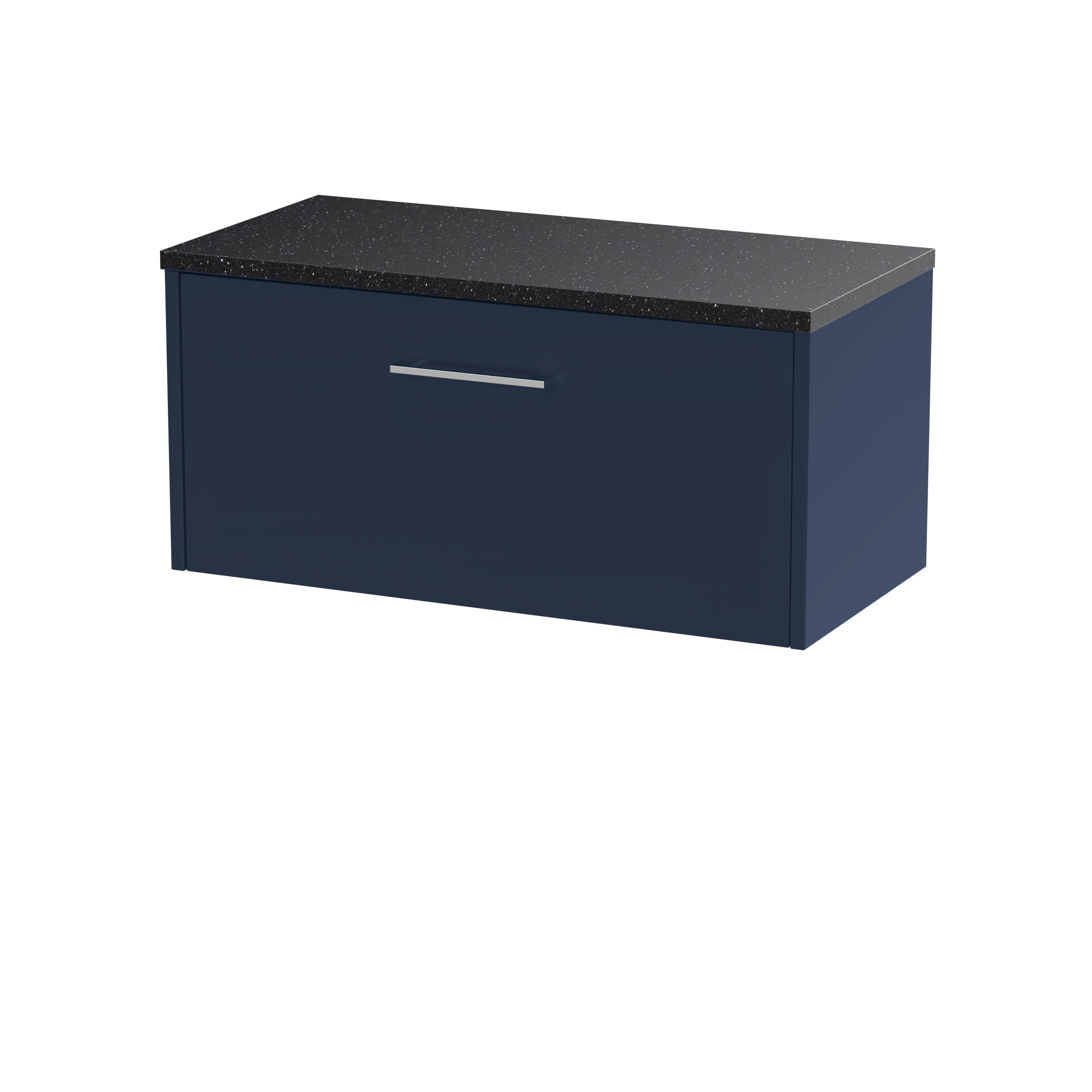 Sleek navy bathroom storage cabinet with black speckled granite top, modern handle, perfect for organising bathroom essentials. Durable, stylish bathroom furniture from Bubly Bathrooms.