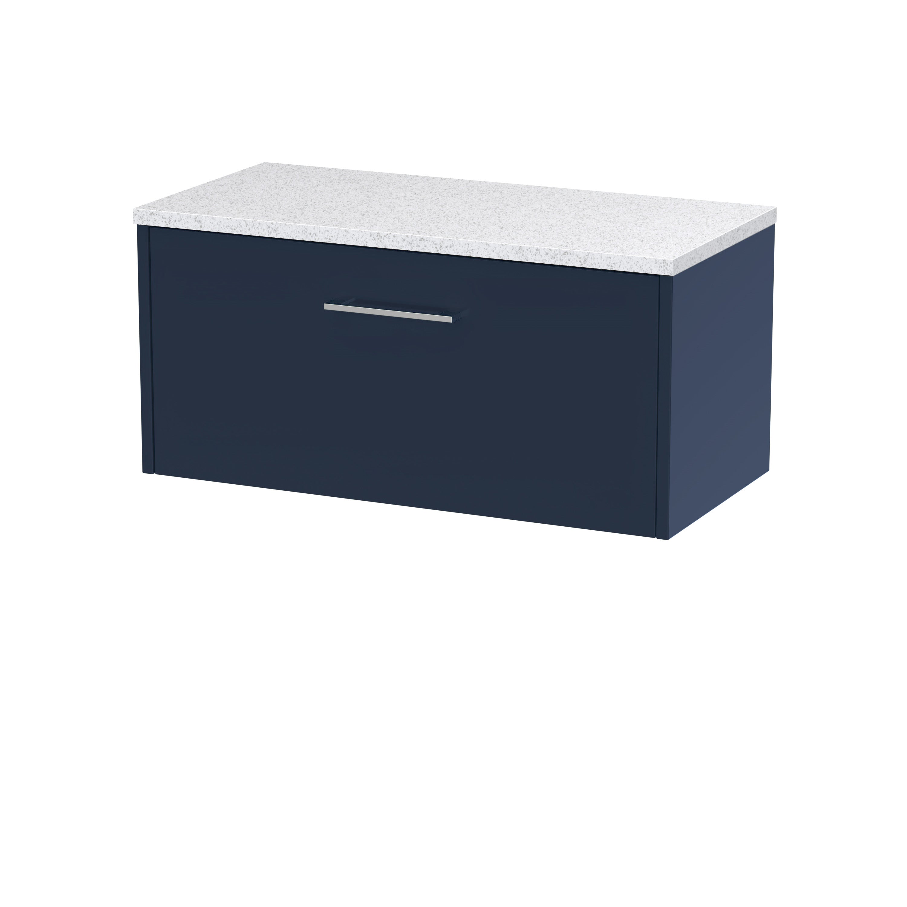 Modern navy bathroom storage cabinet with white speckle worktop, sleek handle, ideal for contemporary bathroom organisation.