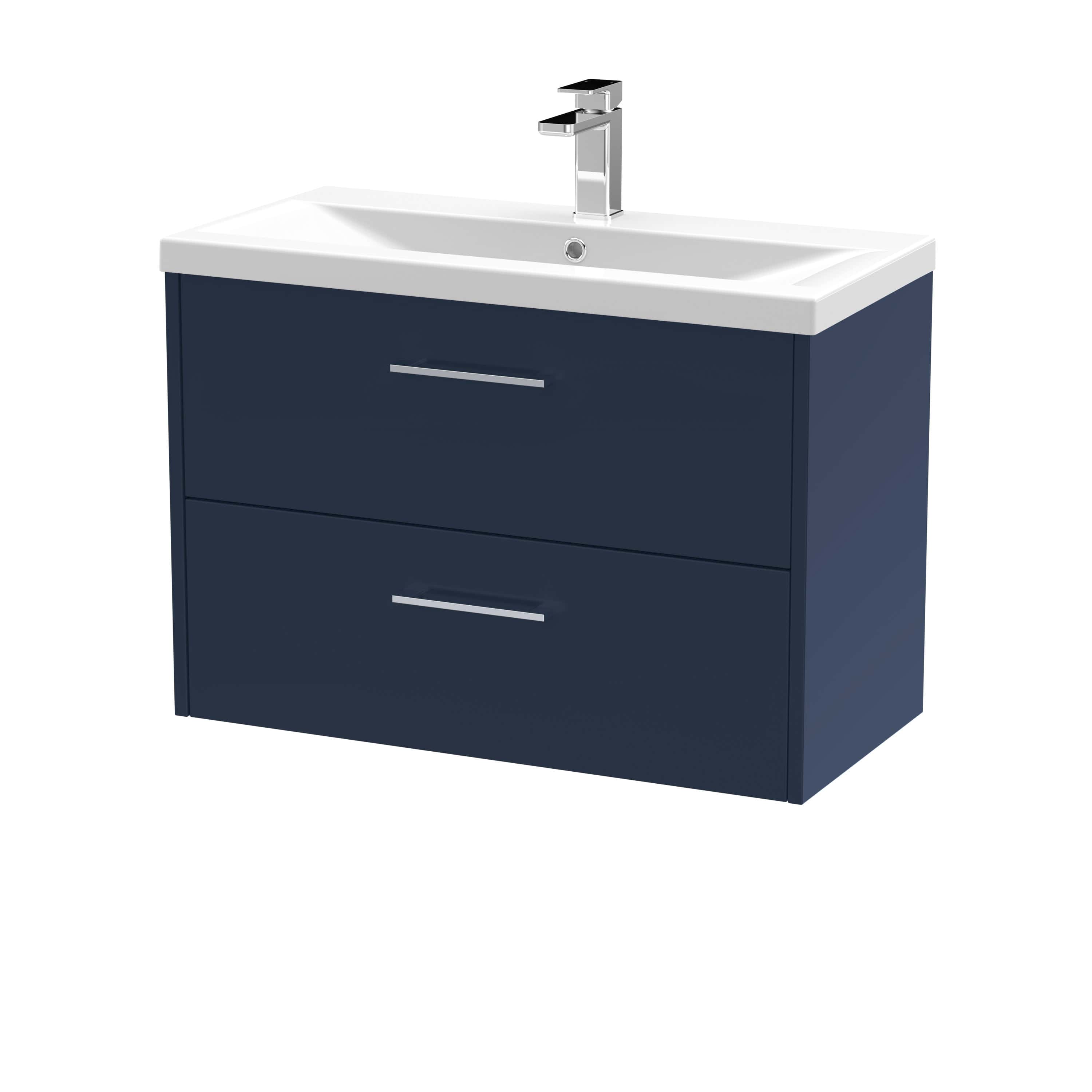 Modern navy blue bathroom vanity with white ceramic sink and chrome faucet, ideal for stylish and functional bathroom renovations.