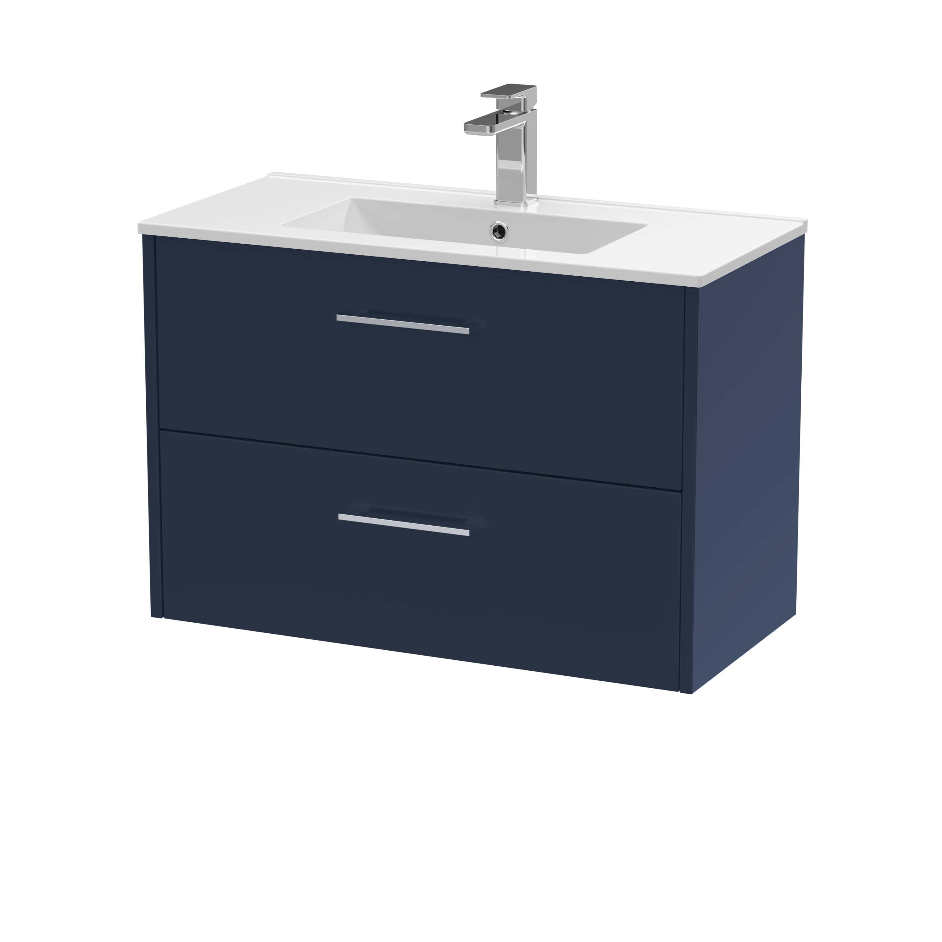Modern navy blue bathroom vanity with integrated sink and chrome faucet for contemporary bathroom design.