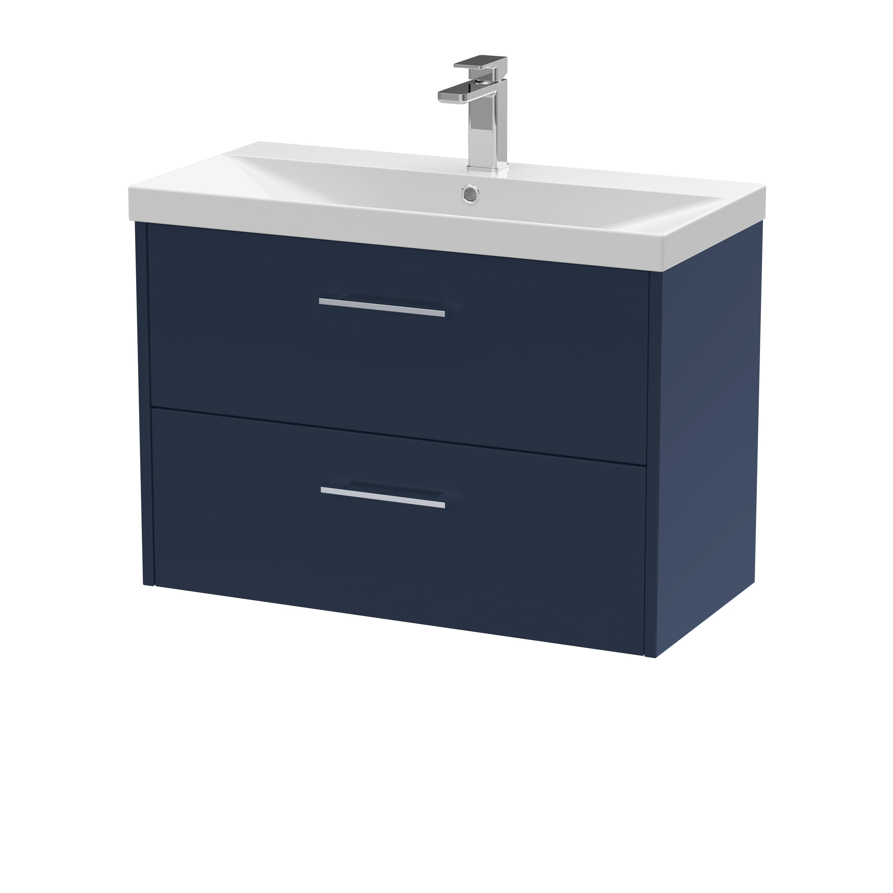Modern blue bathroom vanity with white ceramic sink and chrome faucet, ideal for contemporary bathroom design and plumbing fixtures.