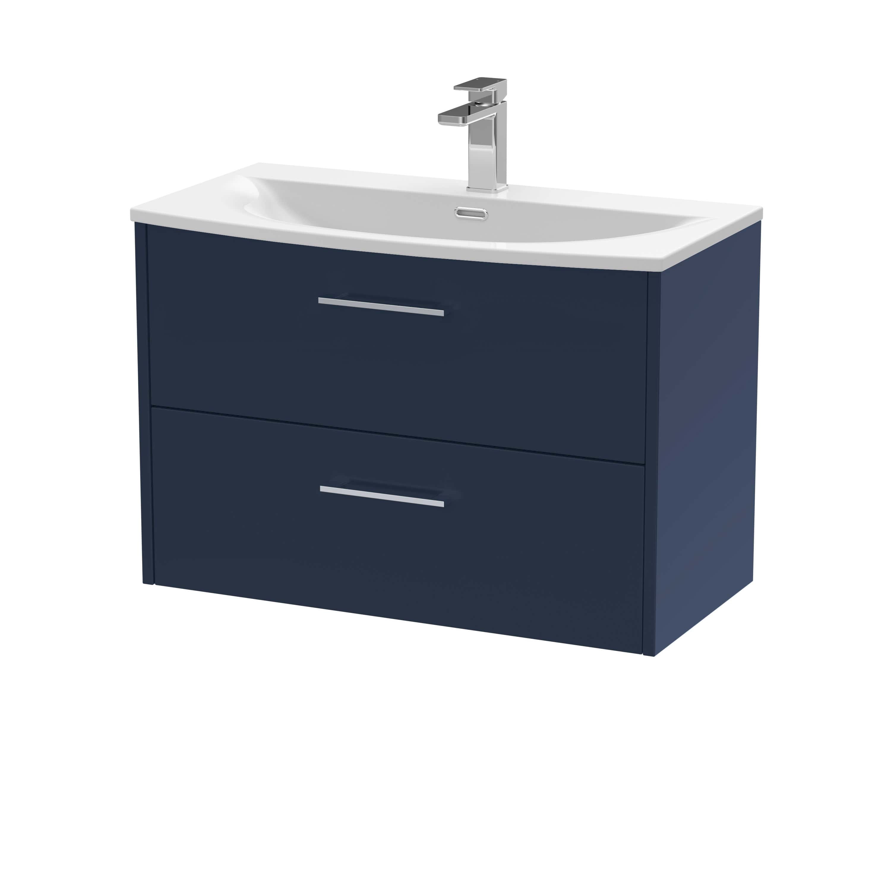 Sleek navy blue bathroom vanity with integrated sink and modern chrome faucet, ideal for contemporary bathroom designs and storage solutions.