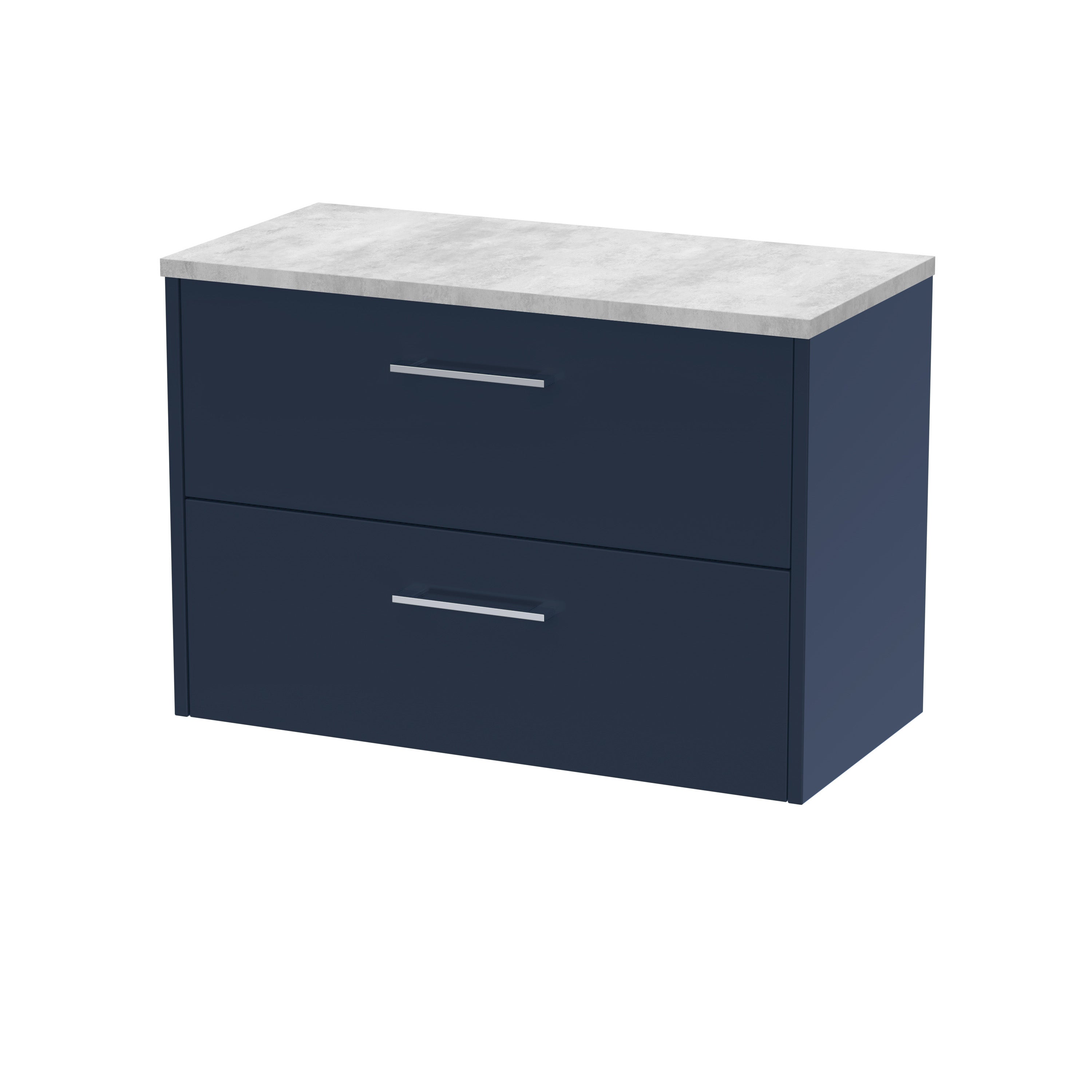 Modern navy blue bathroom vanity with a marble countertop, sleek metal handles, two spacious drawers, ideal for contemporary bathroom storage.
