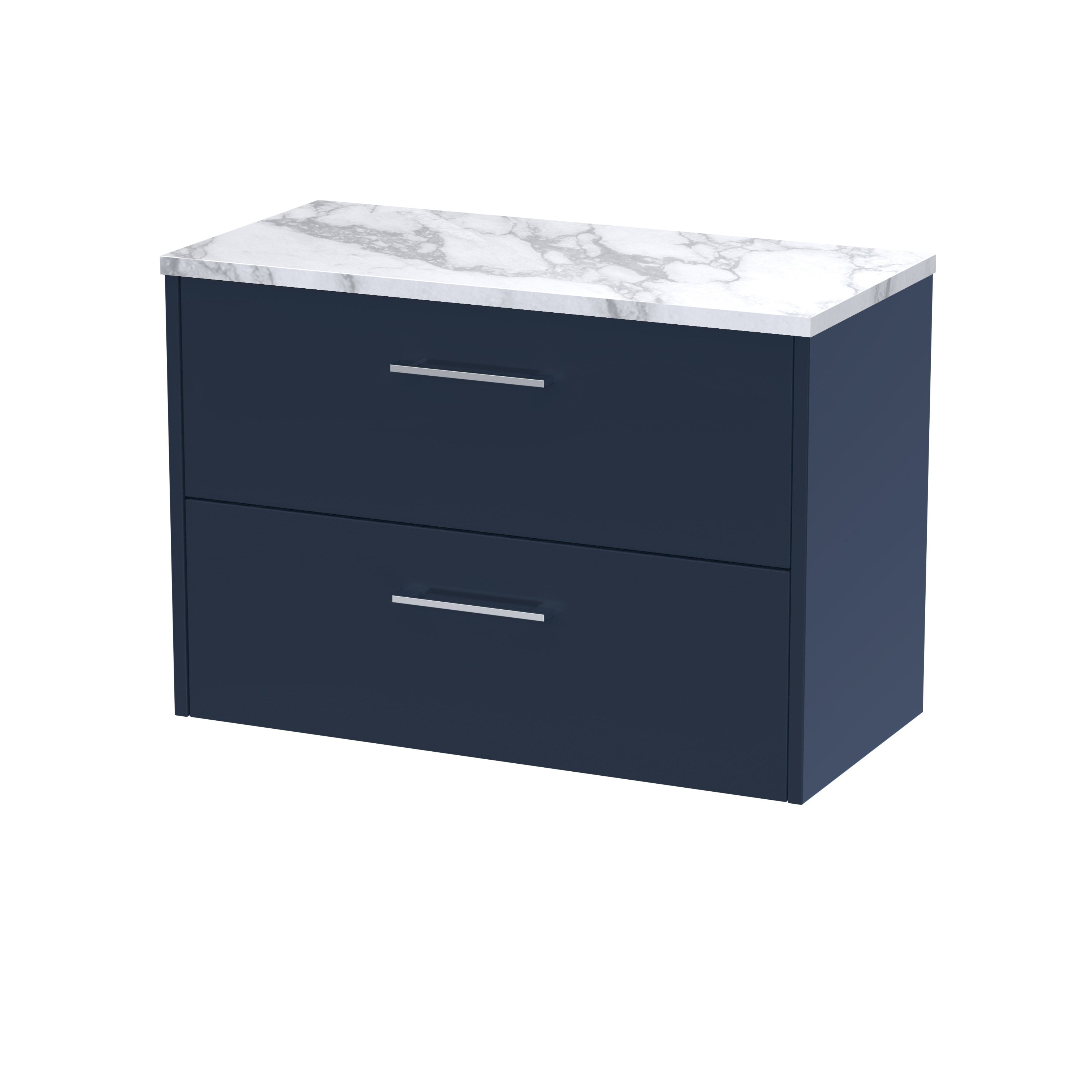 Sleek navy blue bathroom cabinet with marble top, modern storage solution for stylish bathrooms. Features two spacious drawers with silver handles for organisation and elegance.