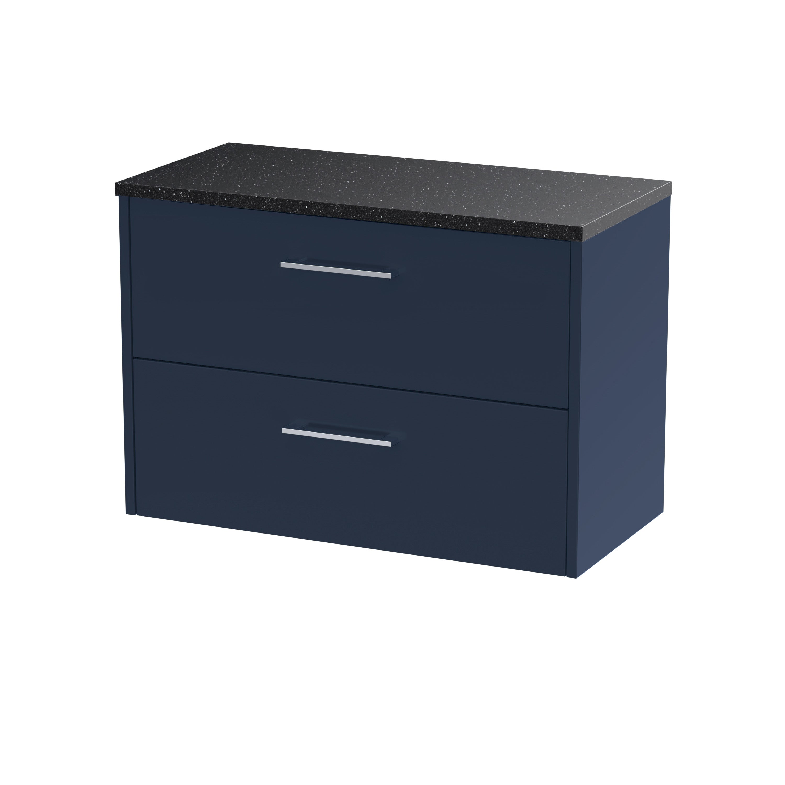 Sleek navy blue bathroom vanity cabinet with two drawers and a black speckled countertop, ideal for modern bathroom storage solutions.