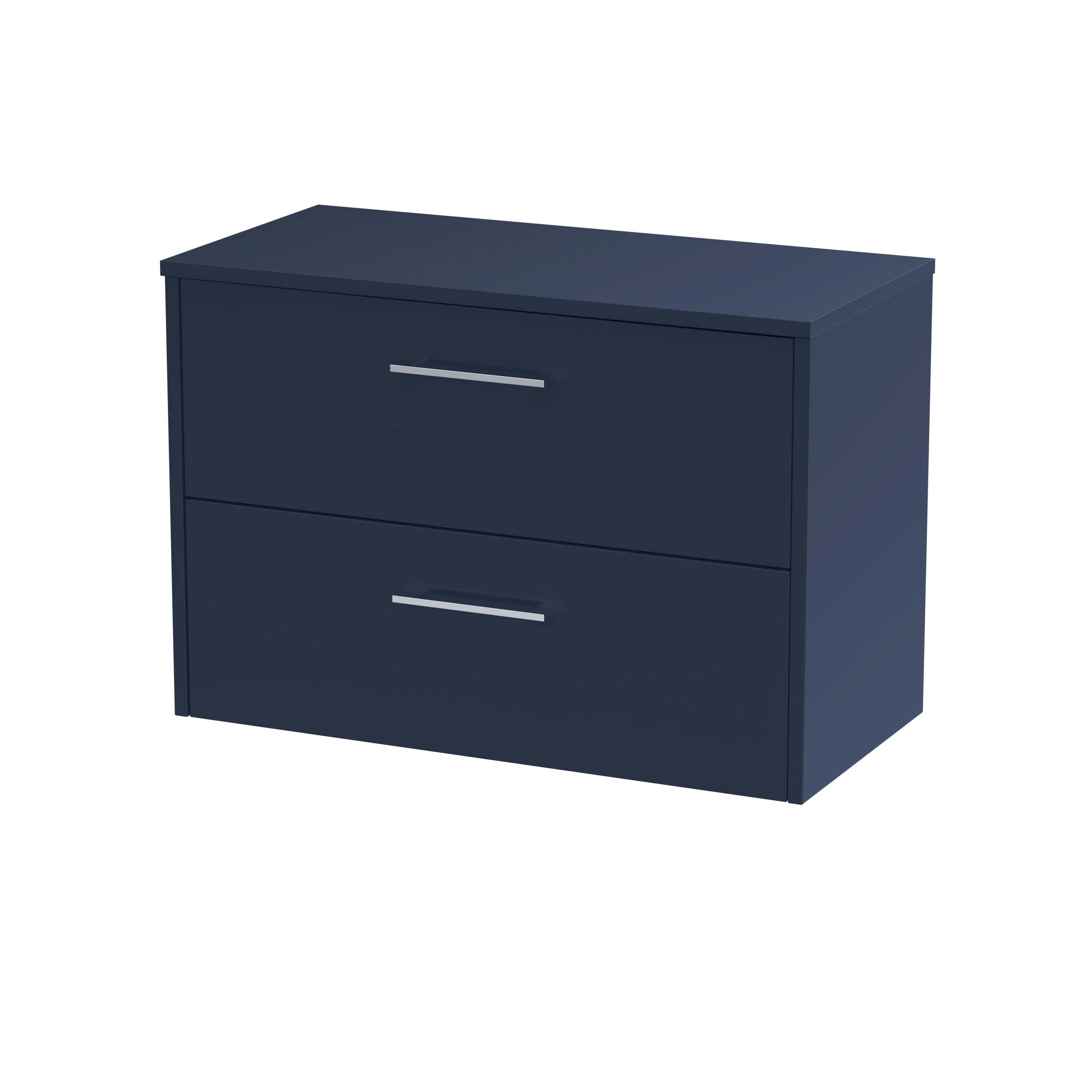 Modern navy blue bathroom cabinet with sleek silver handles, ideal for stylish bathroom storage solutions.