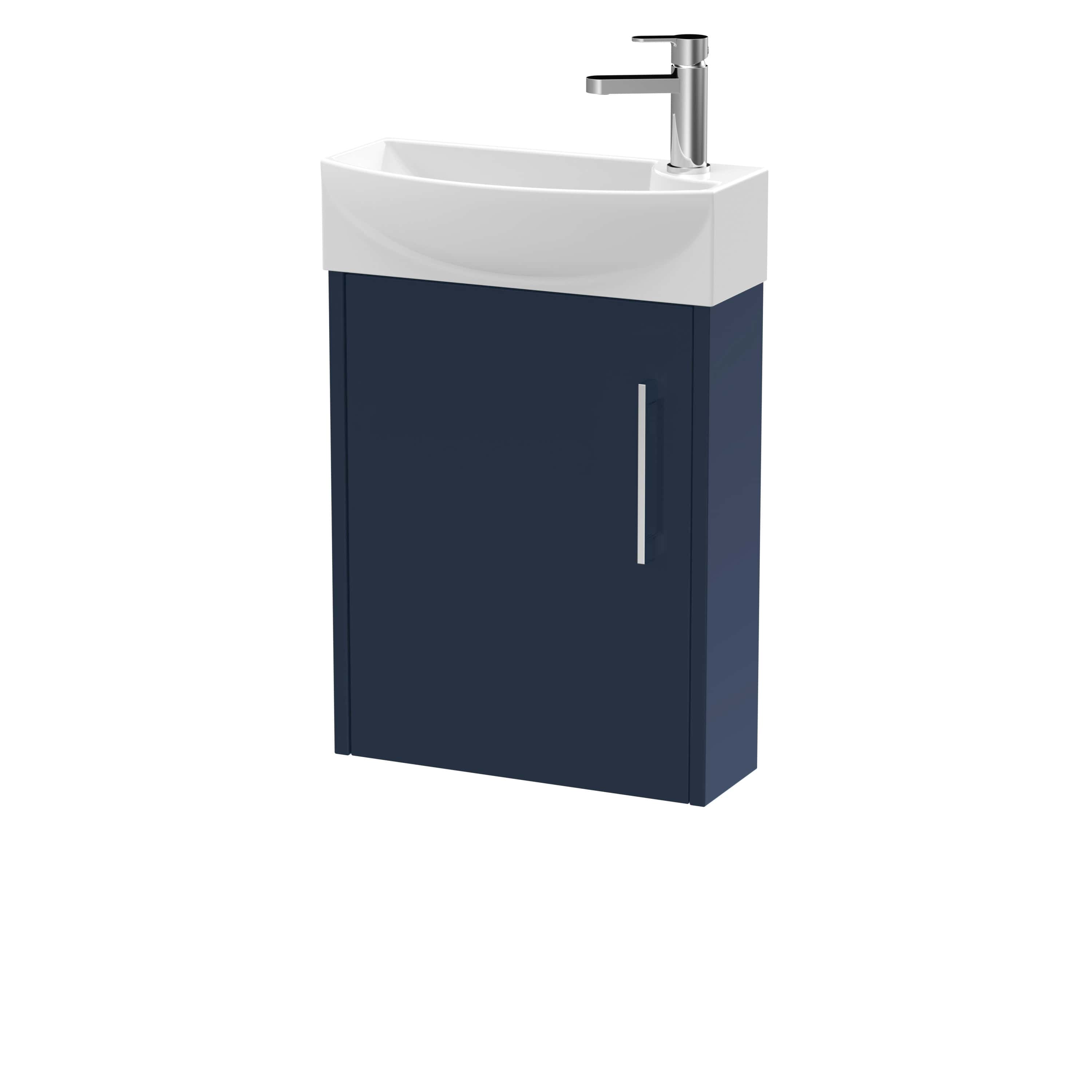 Sml bathroom sink unit with a white ceramic basin and navy blue cabinet, modern design for contemporary bathrooms. Ideal for space-saving and stylish bathroom storage solutions.