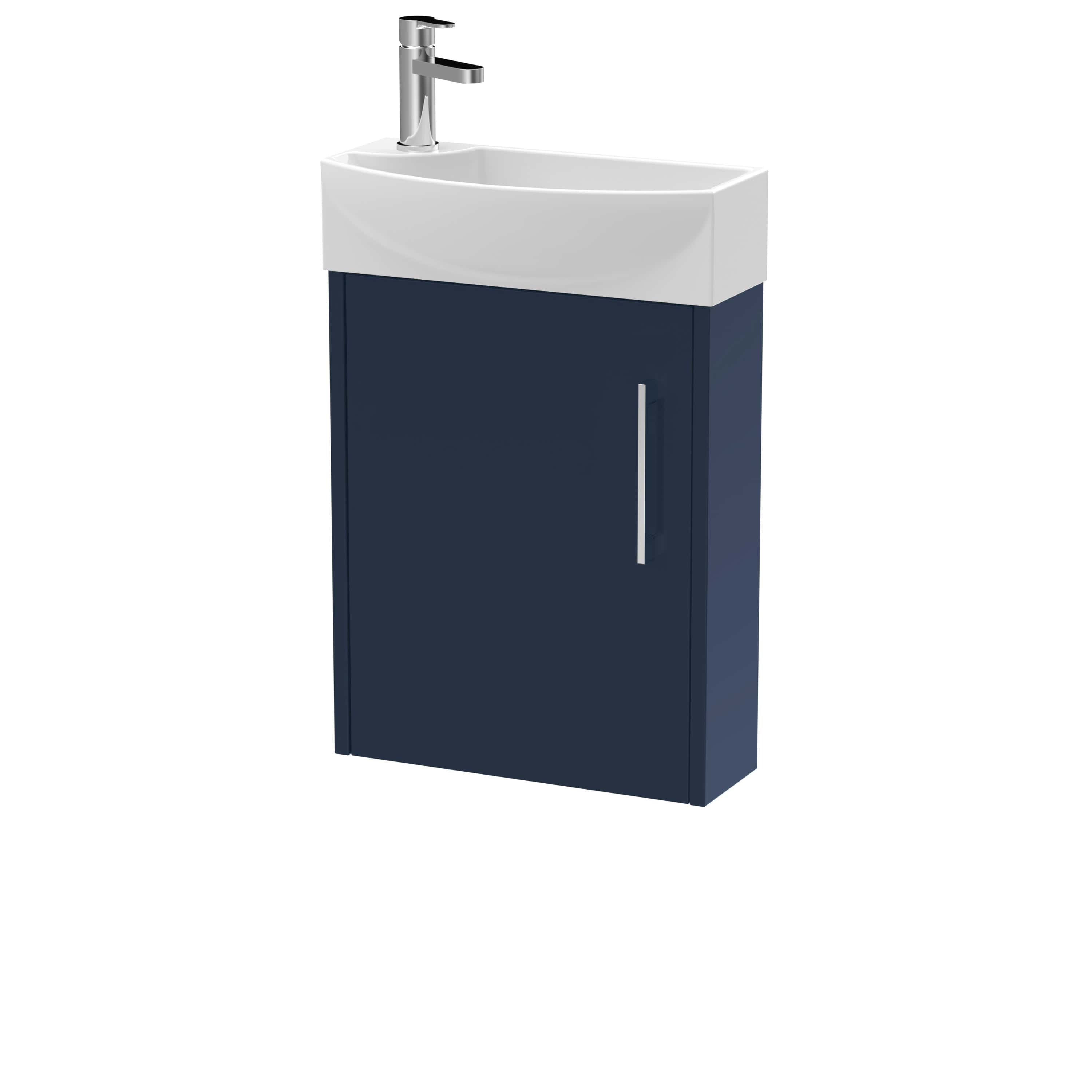 Sleek bathroom sink unit with modern design, white ceramic basin, and navy blue storage cabinet, perfect for contemporary bathrooms and space-saving storage solutions.