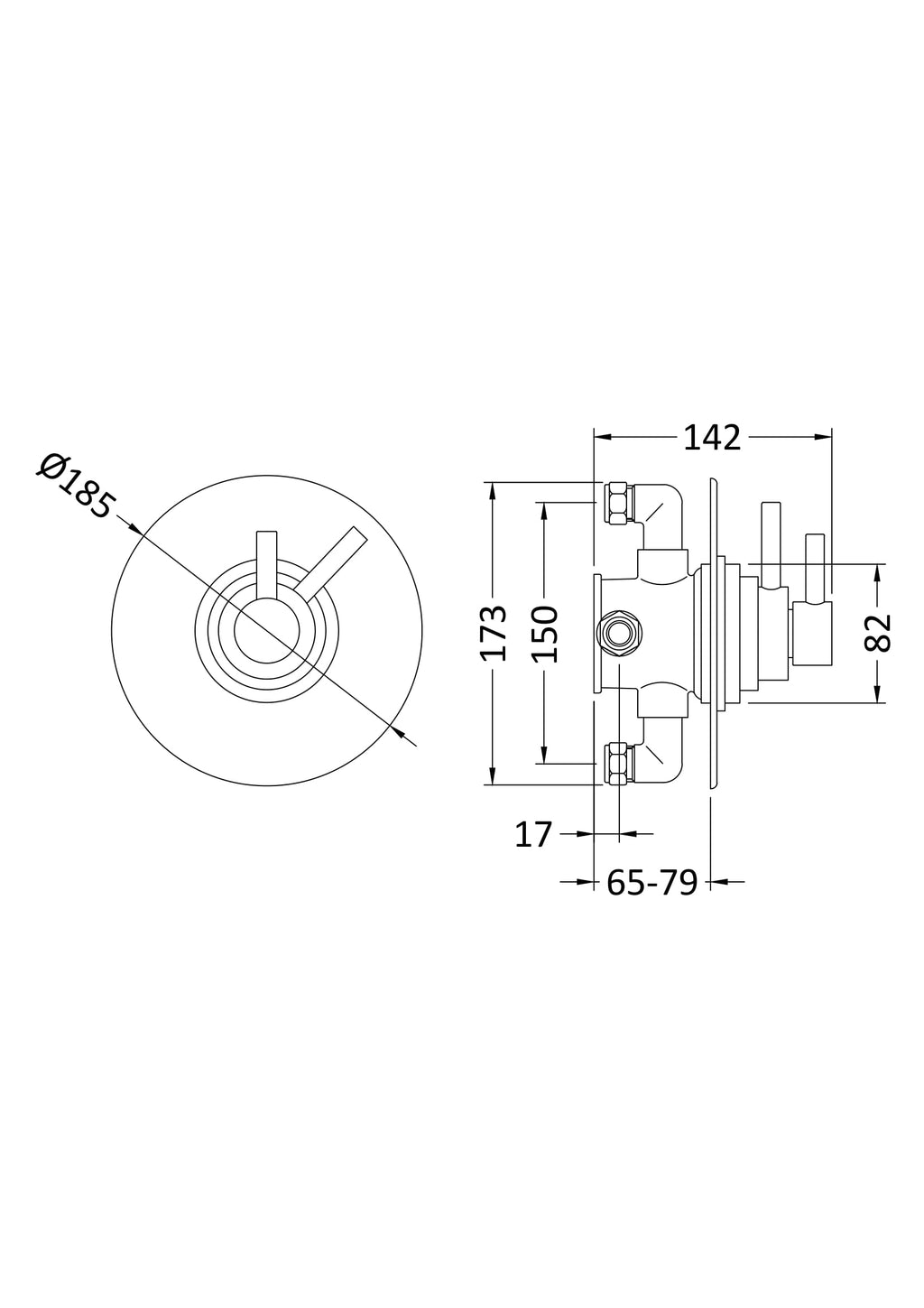 High-quality technical drawing of Bubly Bathrooms shower valve with detailed measurements for bathroom installation. Suitable for plumbing professionals and bathroom design projects.