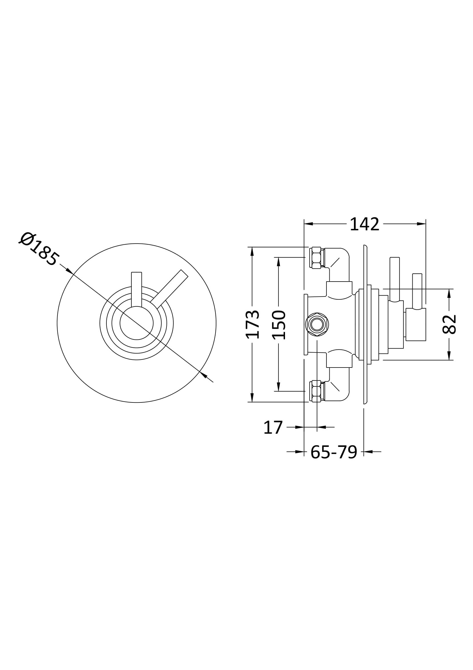 High-quality technical drawing of Bubly Bathrooms shower valve with detailed measurements for bathroom installation. Suitable for plumbing professionals and bathroom design projects.