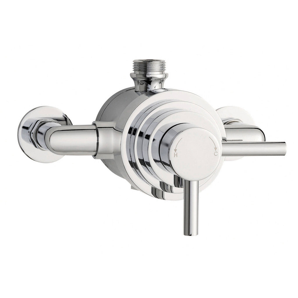 Chrome wall-mounted thermostatic mixer tap for bathroom sinks and showers. Modern, durable design perfect for enhancing bathroom functionality and style. Easy to operate with temperature control features.