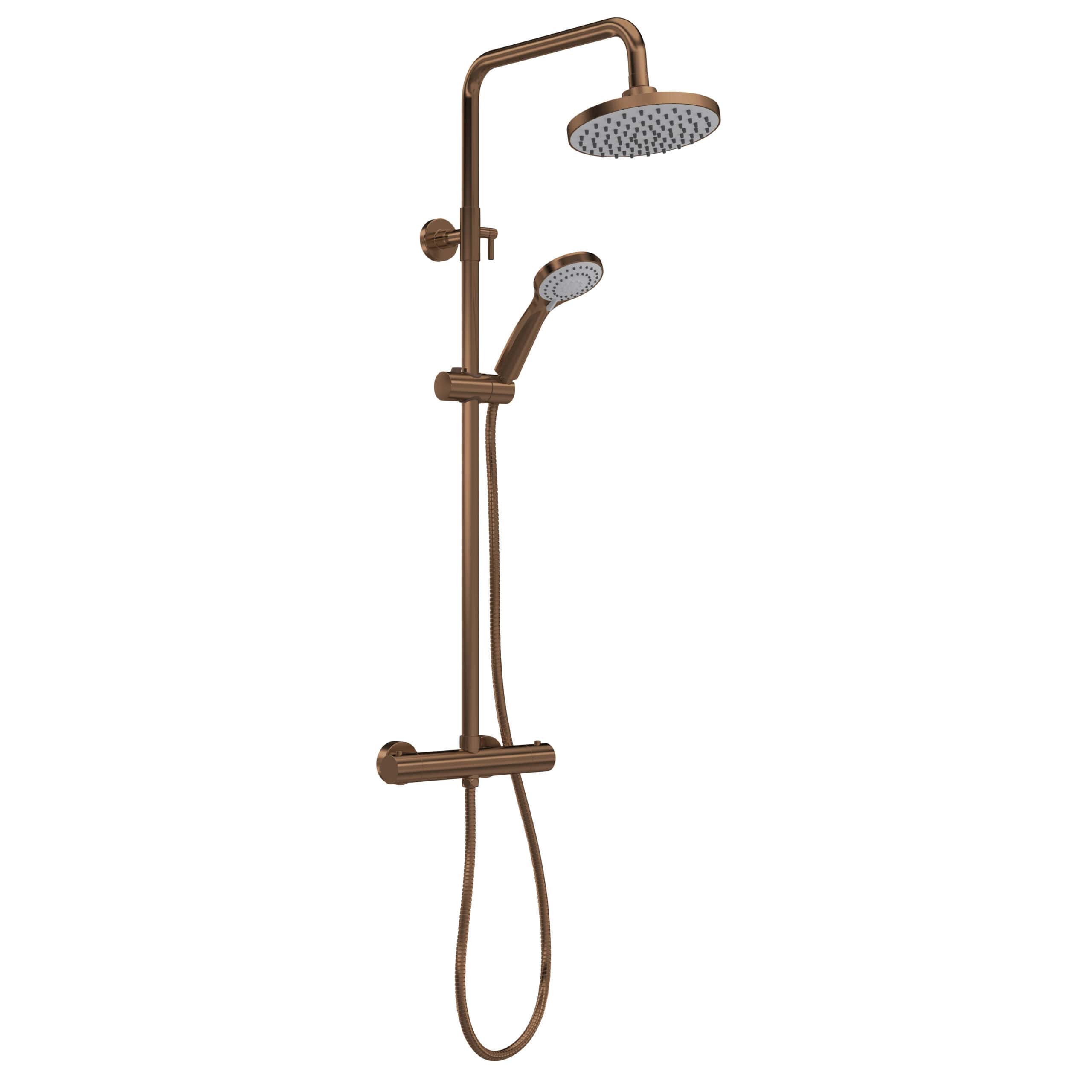 Polished bronze shower set with rainfall and handheld shower heads for luxurious bathroom upgrades. Perfect for modern Bubly Bathrooms installations.