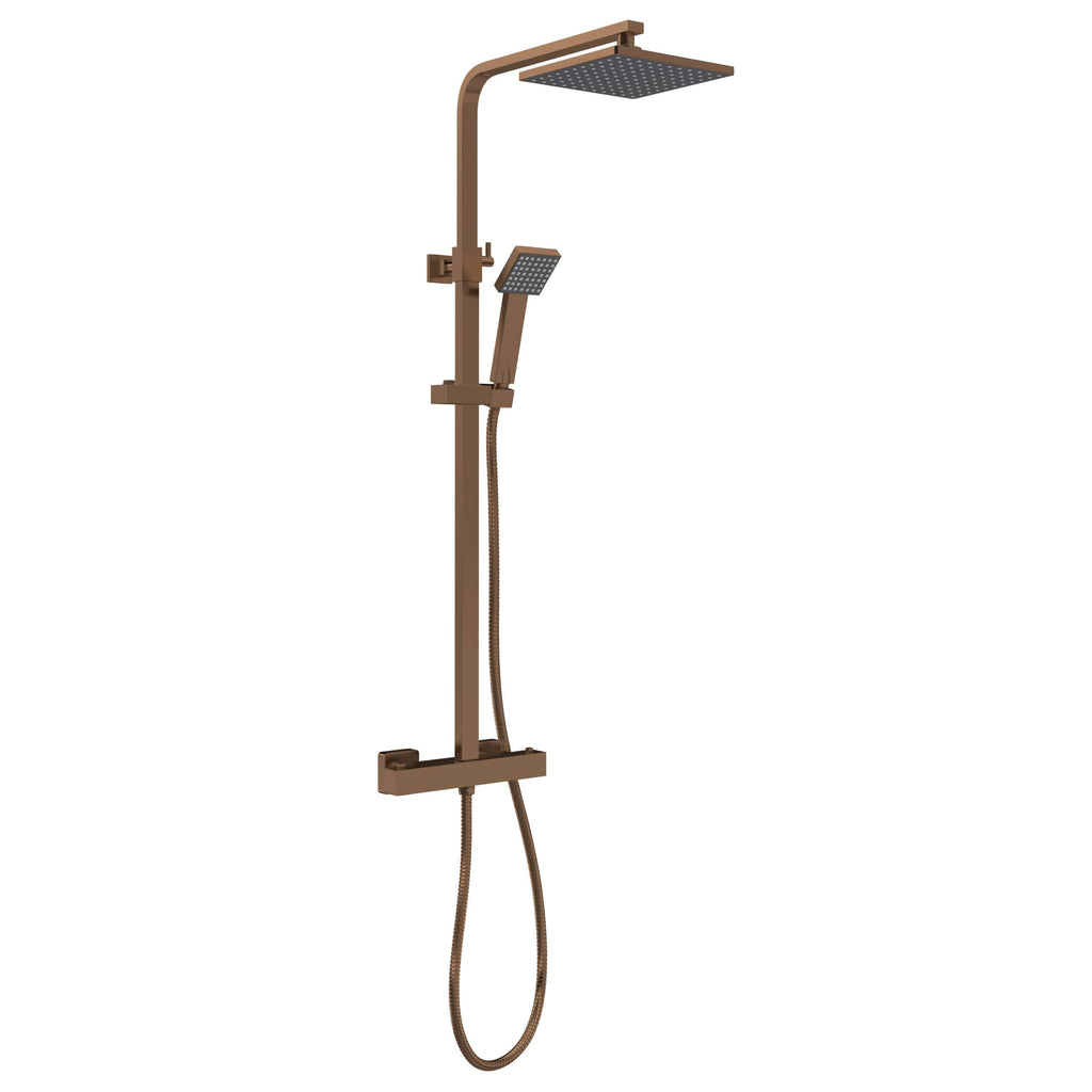 Bright copper finish luxury shower system with large overhead rainfall showerhead, handheld shower, and sleek wall-mounted controls for modern bathrooms.