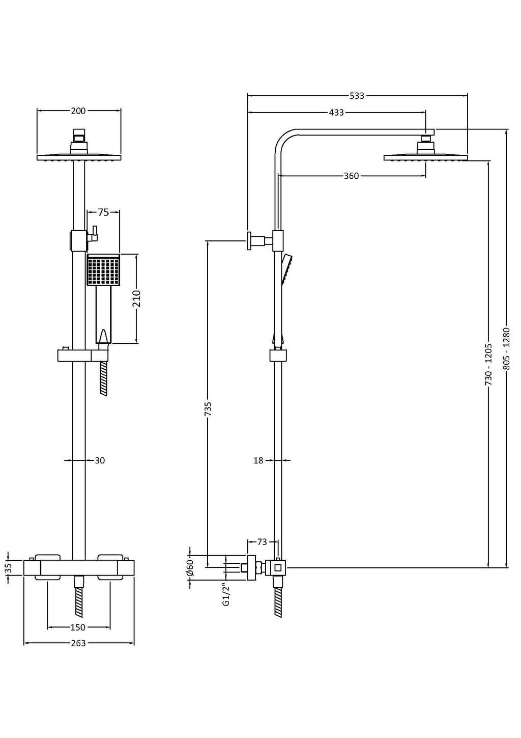 High-quality modern shower system with adjustable height and rainfall showerhead for stylish Bubly bathrooms in the UK.