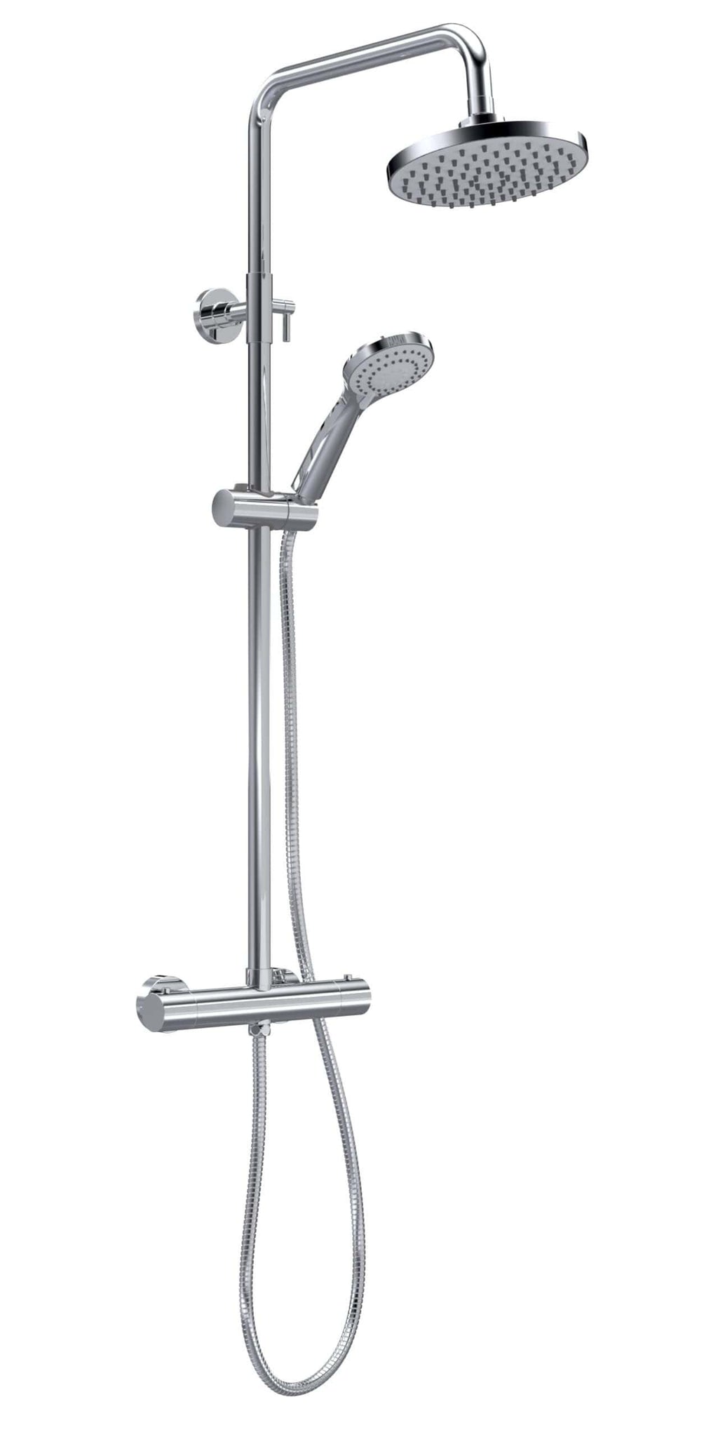 Polished chrome shower system with overhead rain shower and handheld shower head for modern bathroom bathroom remodels.