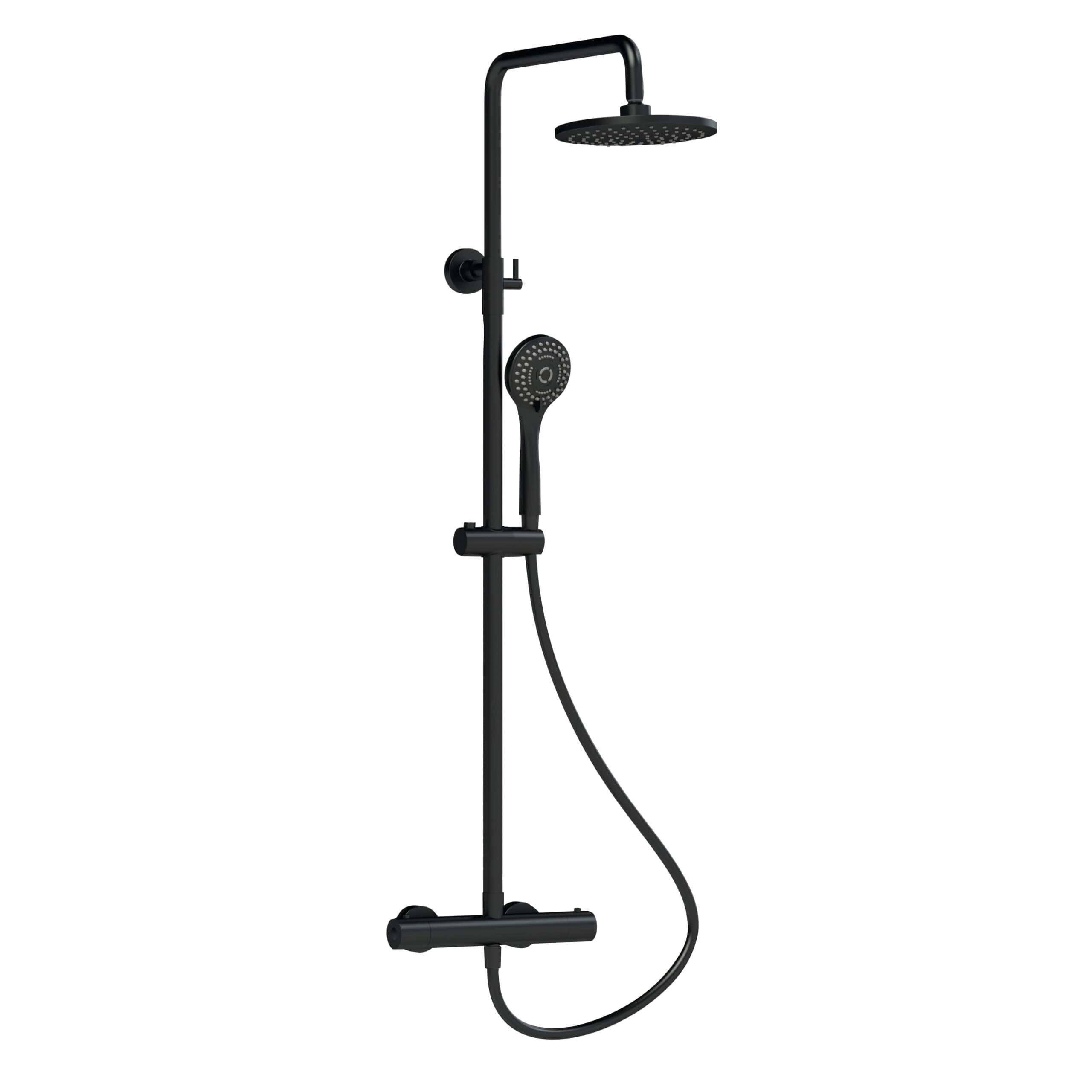 Black shower system with overhead rain shower and handheld shower head for modern bathroom renovations.
